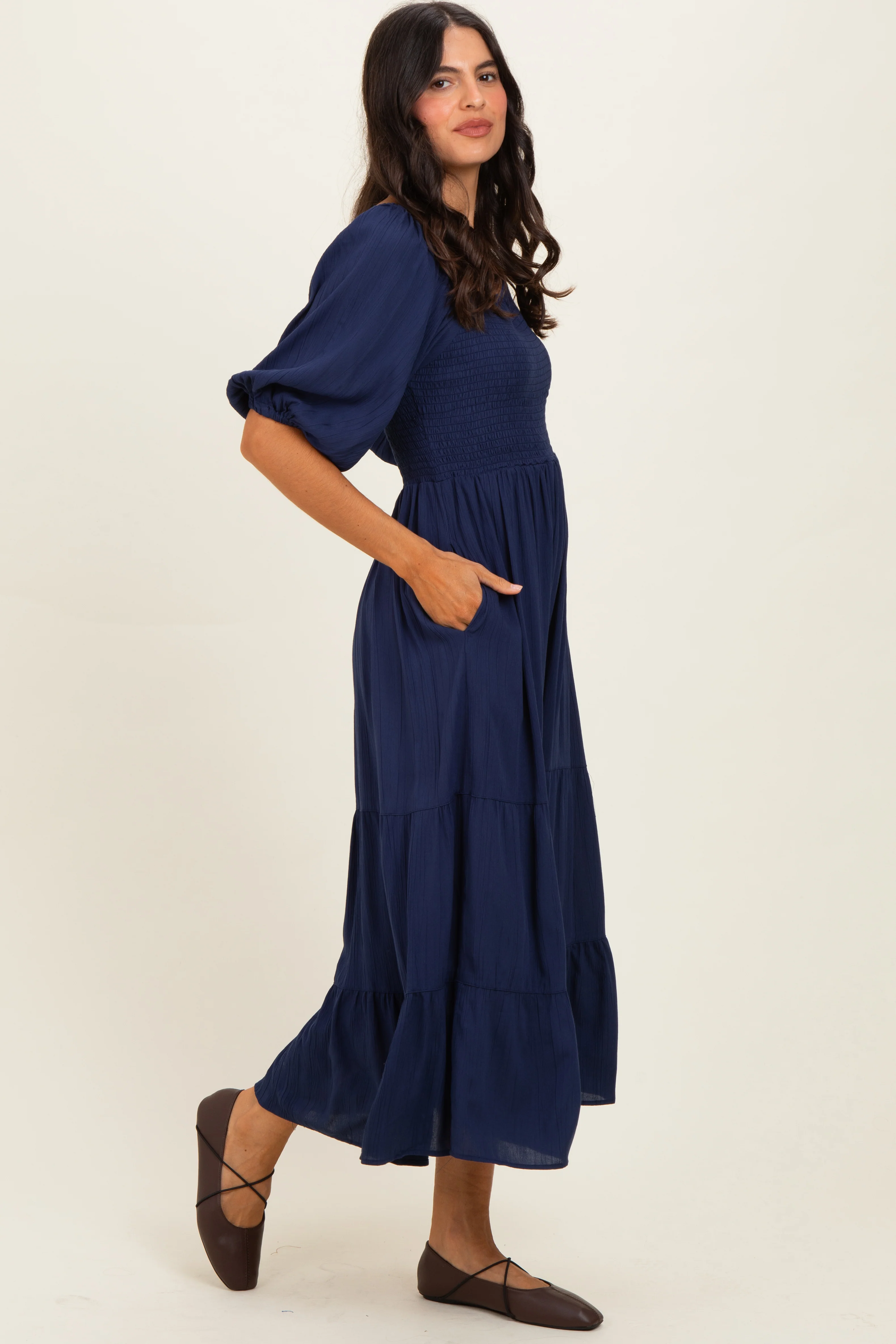Navy Smocked Puffed Sleeve Maxi Dress - Image 2