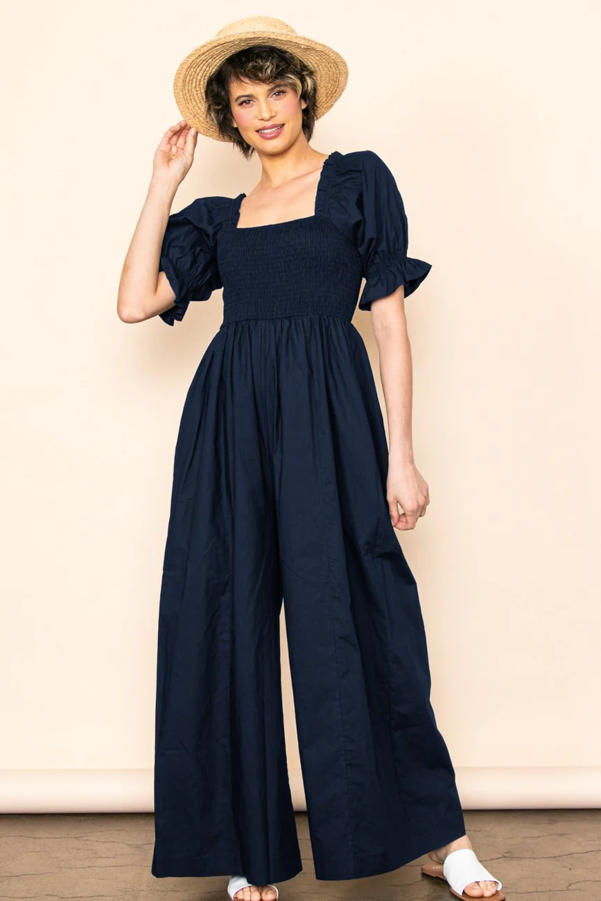 Navy Smocked Square Neck Wide Leg Maternity Jumpsuit - Image 5