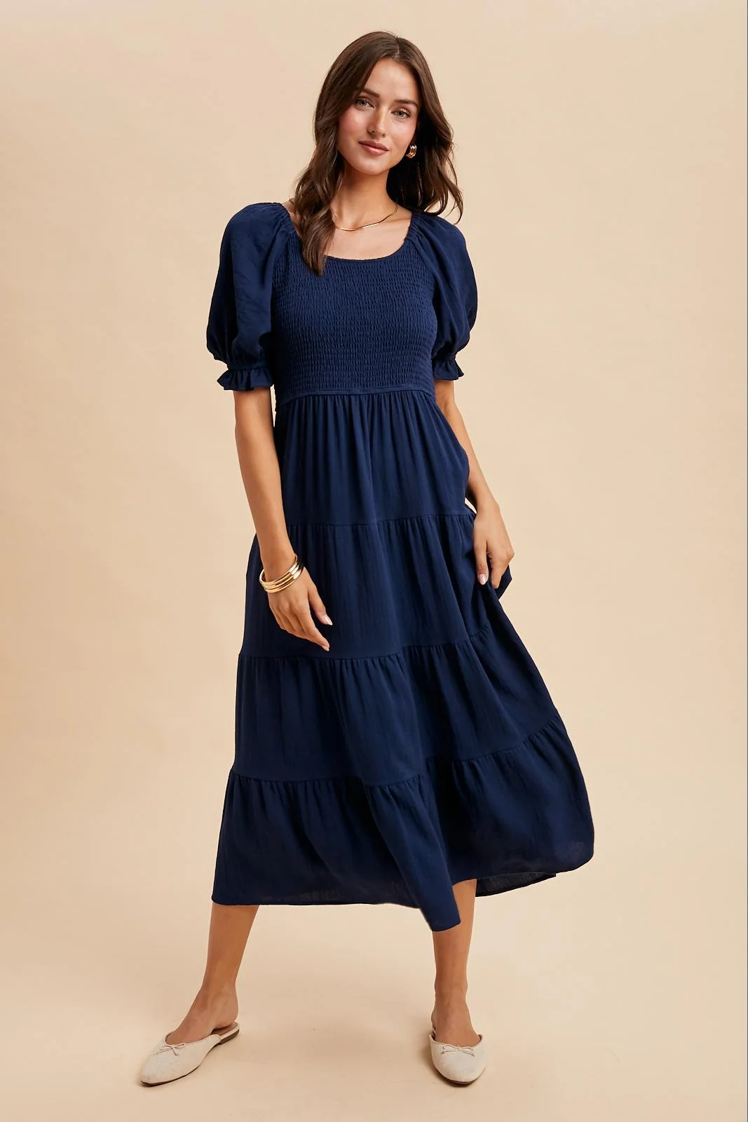 Navy Smocked Tiered Maternity Maxi Dress - Image 5