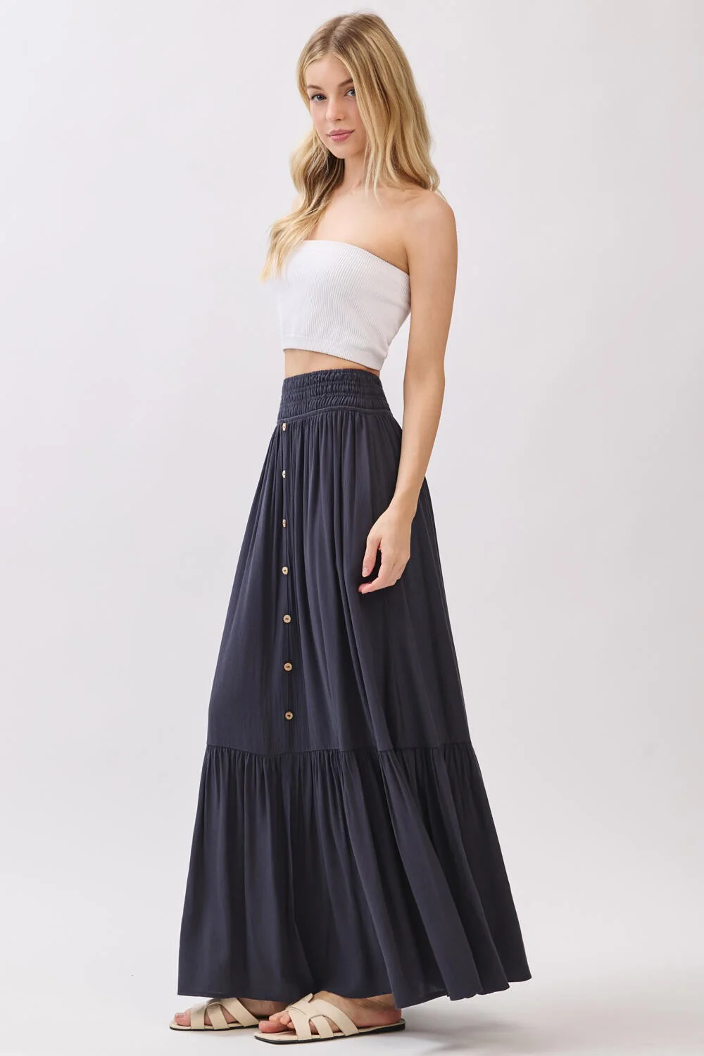 Navy Smocked Waist Button Detail Maxi Skirt - Image 2