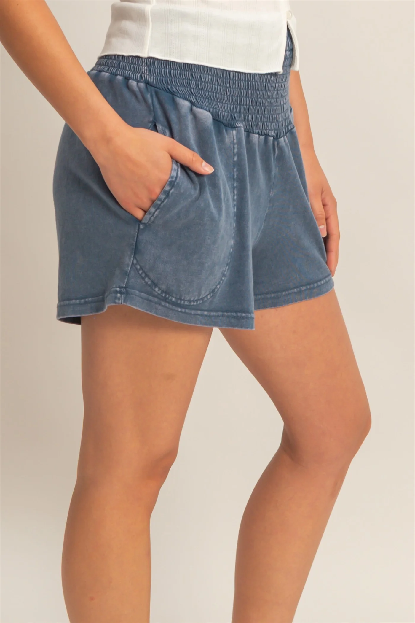 Navy Smocked Waist Mineral Wash Shorts - Image 3