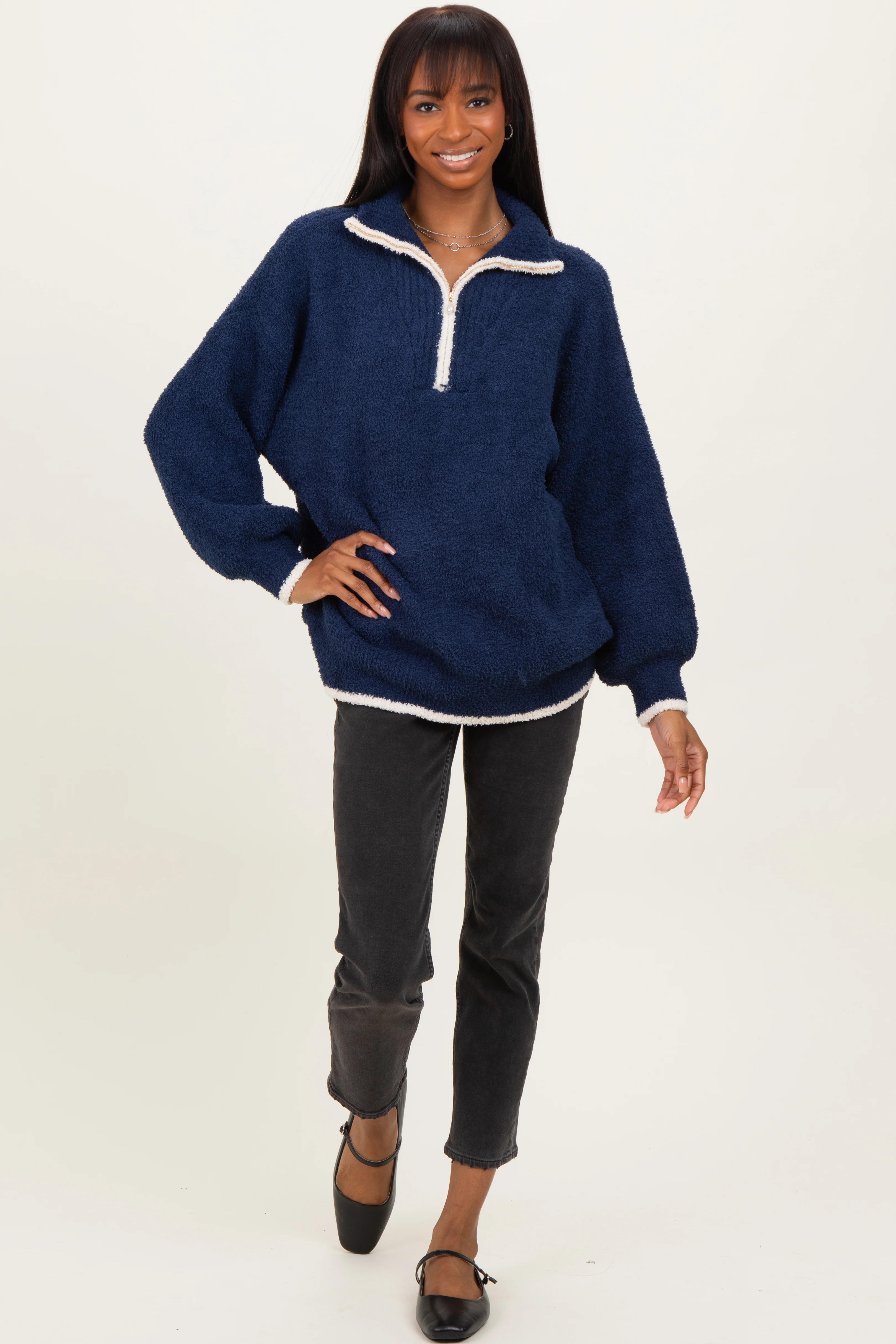 Navy Soft Fuzzy Knit Quarter Zip Pullover Sweater - Image 2