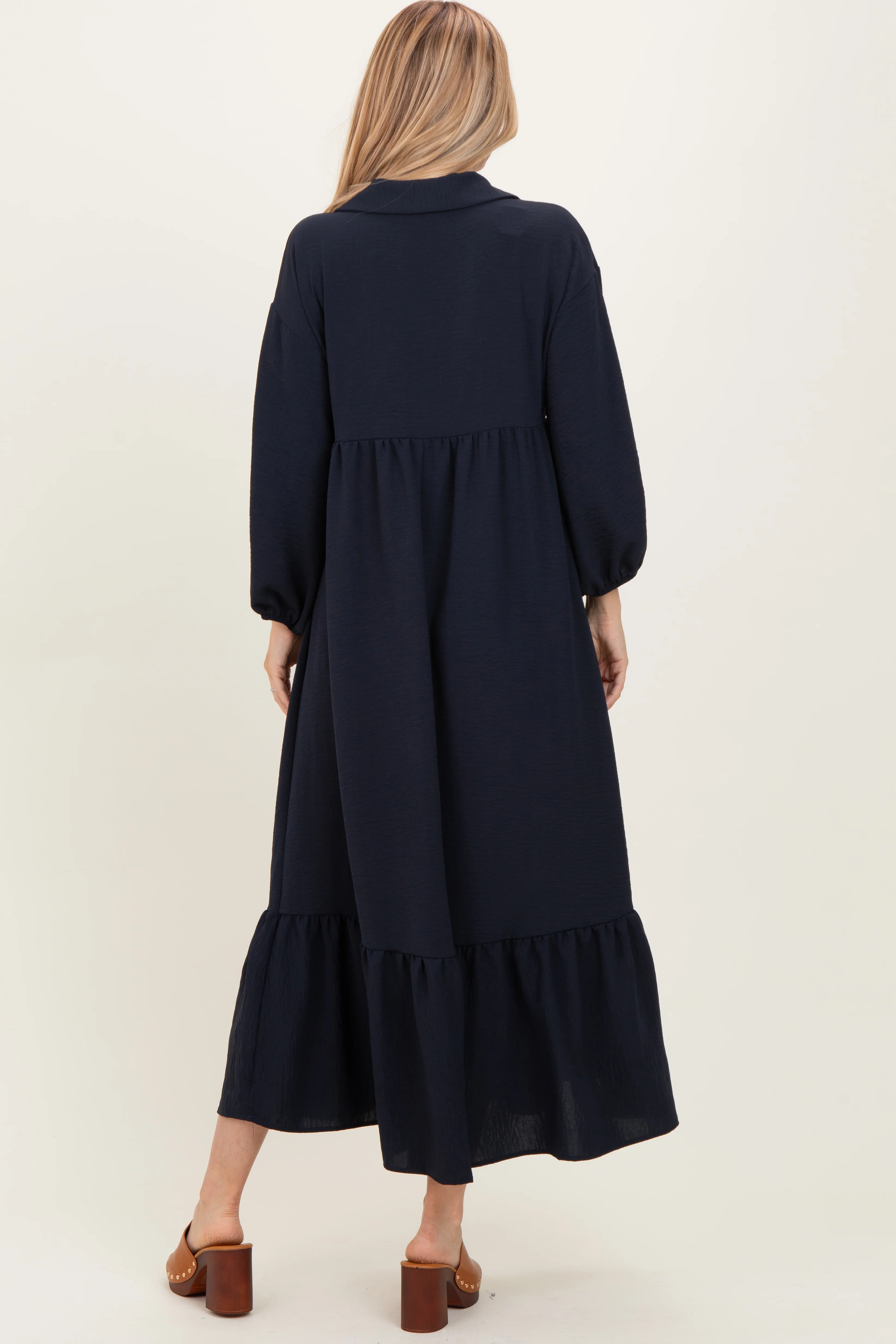 Navy Solid Long Sleeve Button Down Tiered Collared Dress - Image 4
