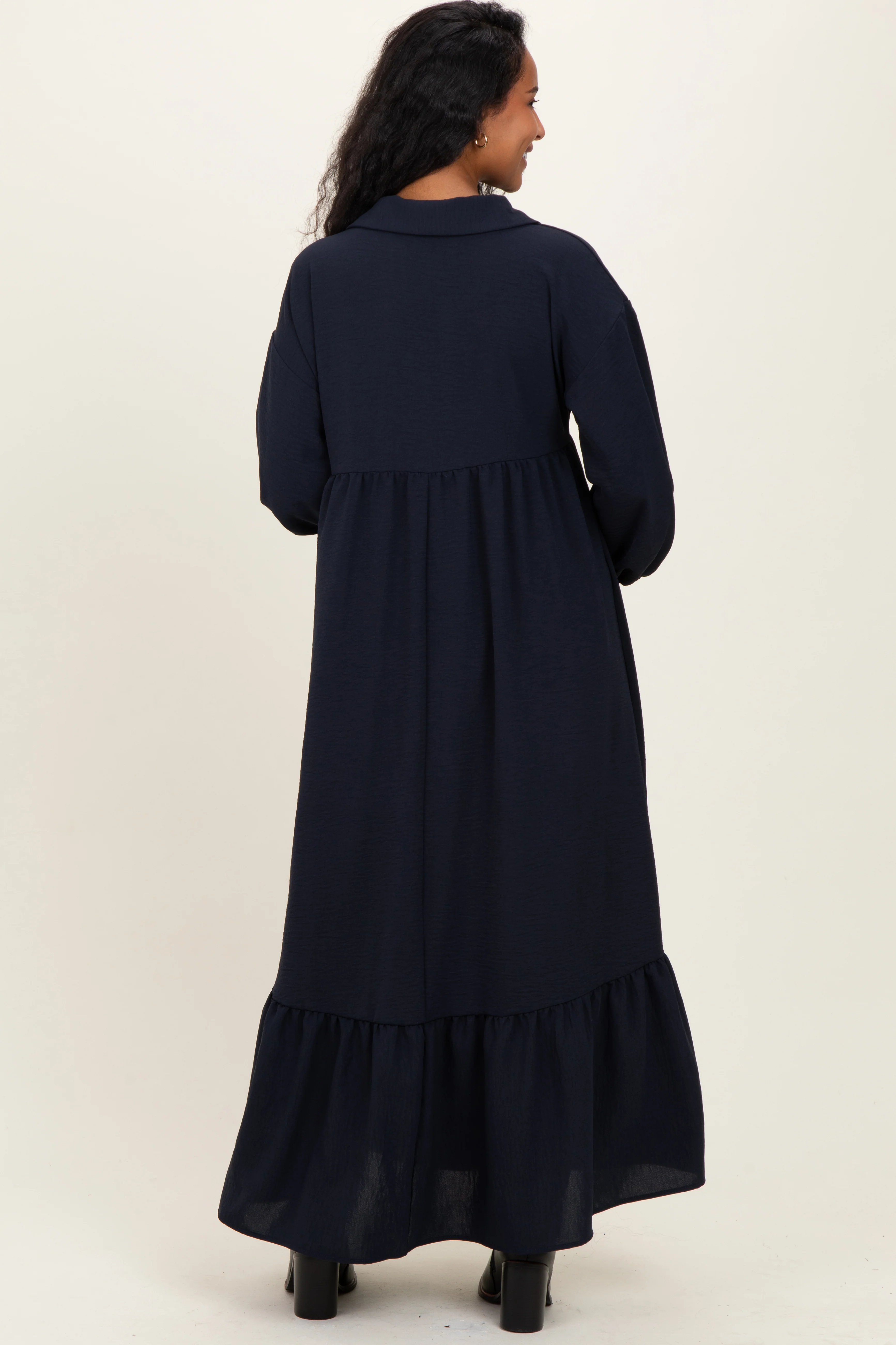 Navy Solid Long Sleeve Button Down Tiered Collared Maternity Dress - Image 4