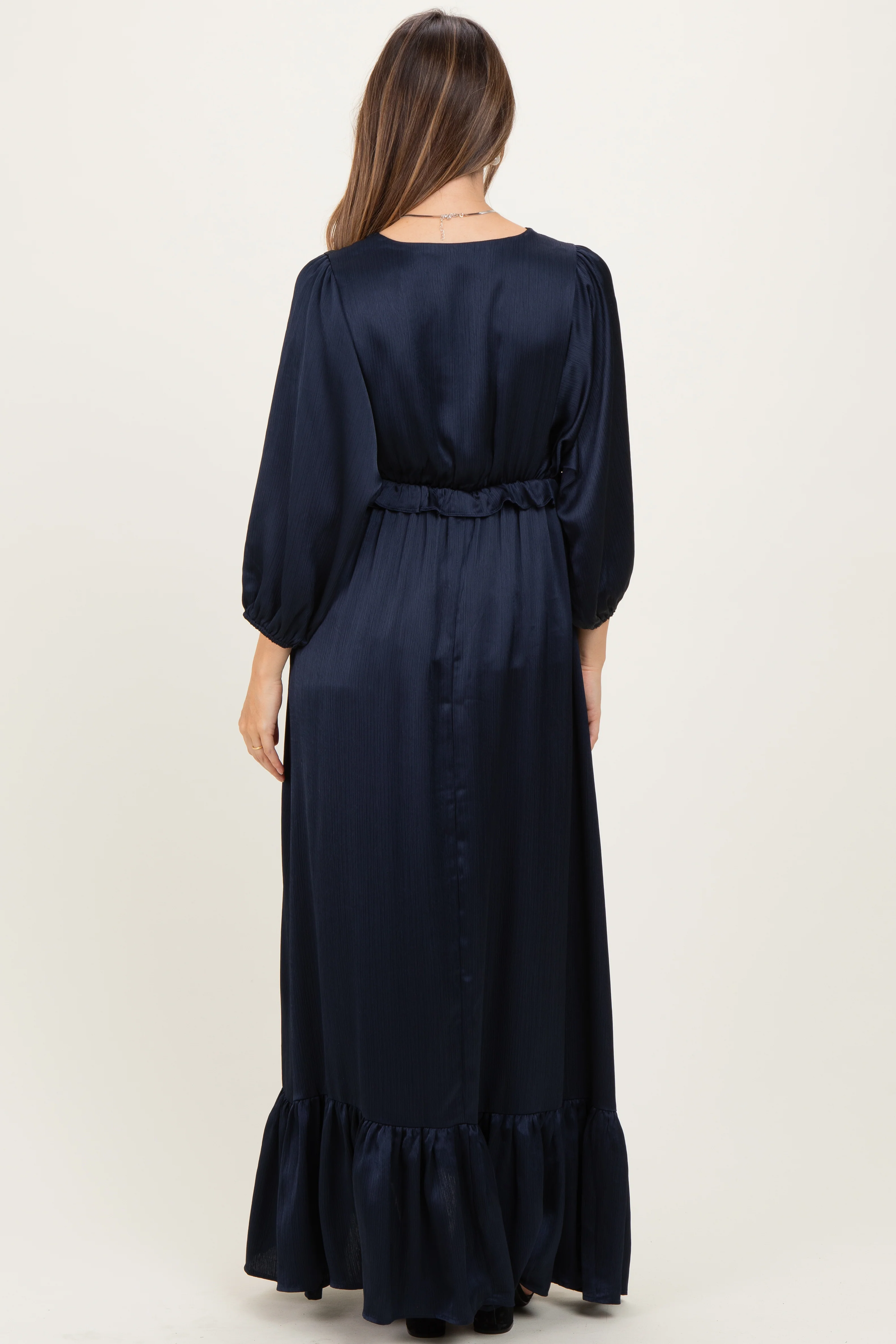 Navy Solid Satin Long Sleeve Open V-Neck Ruffle Waist Tiered Maternity Maxi Dress - Image 4