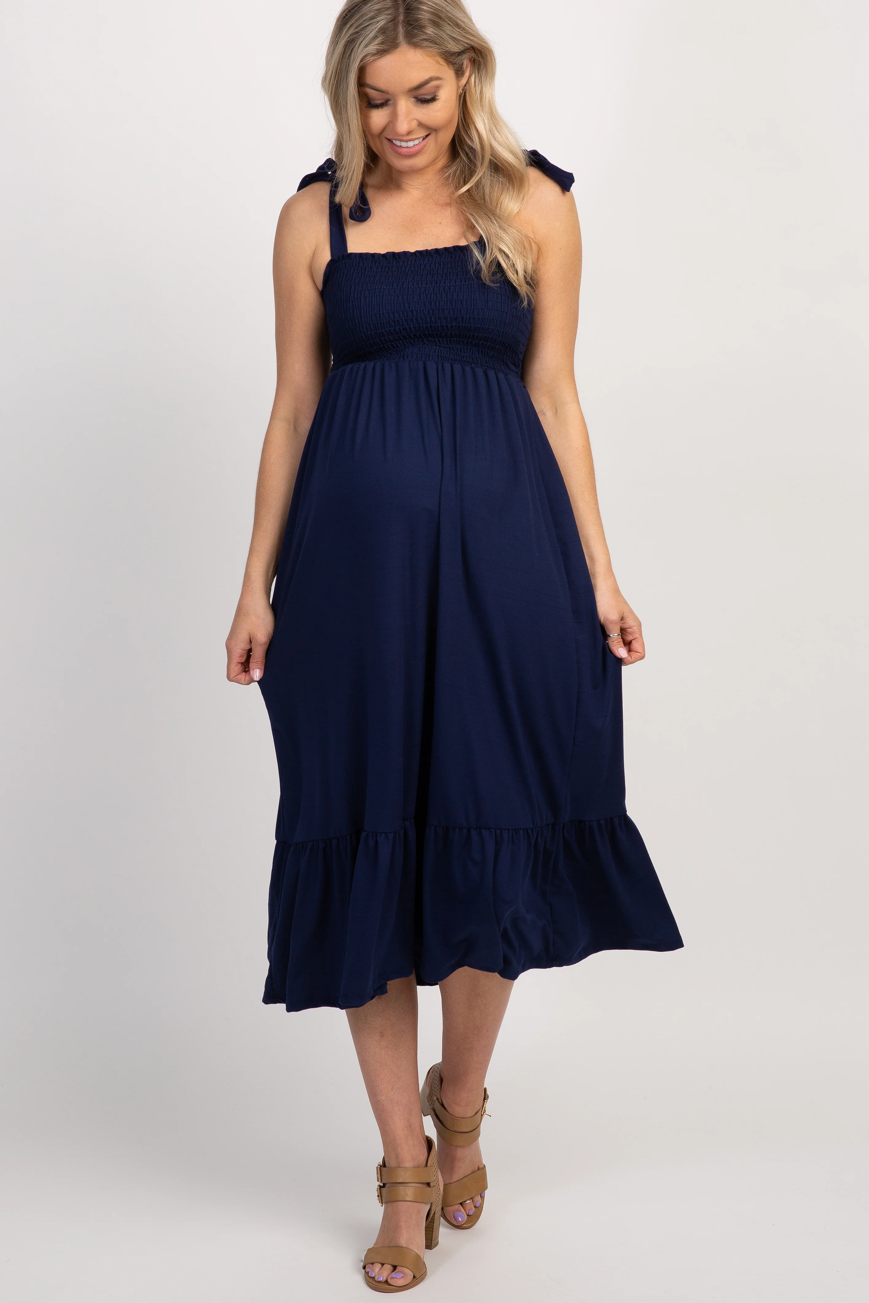 Navy Solid Self-Tie Smocked Maternity Midi Dress