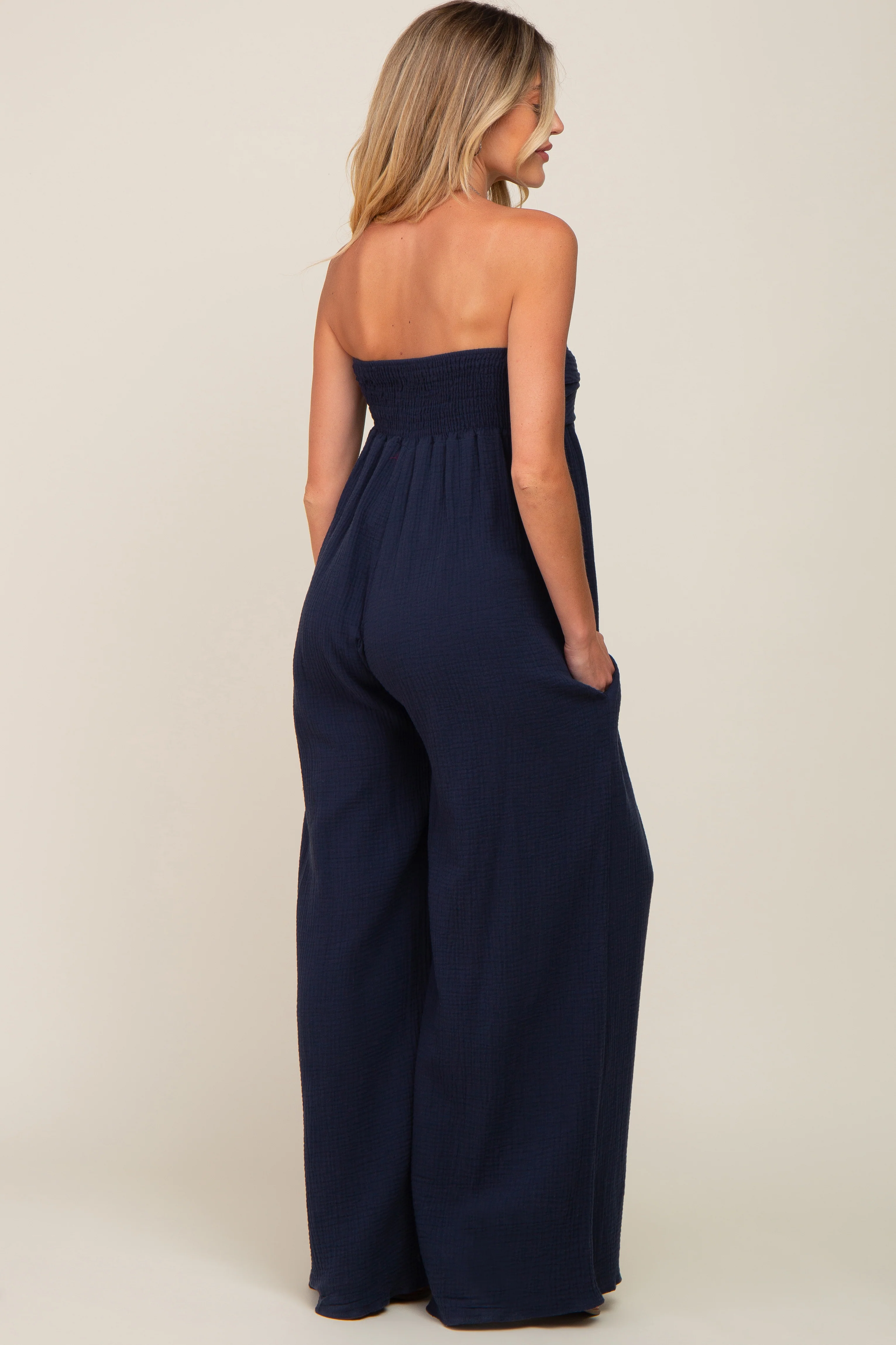 Navy Strapless Front Twist Maternity Jumpsuit - Image 3