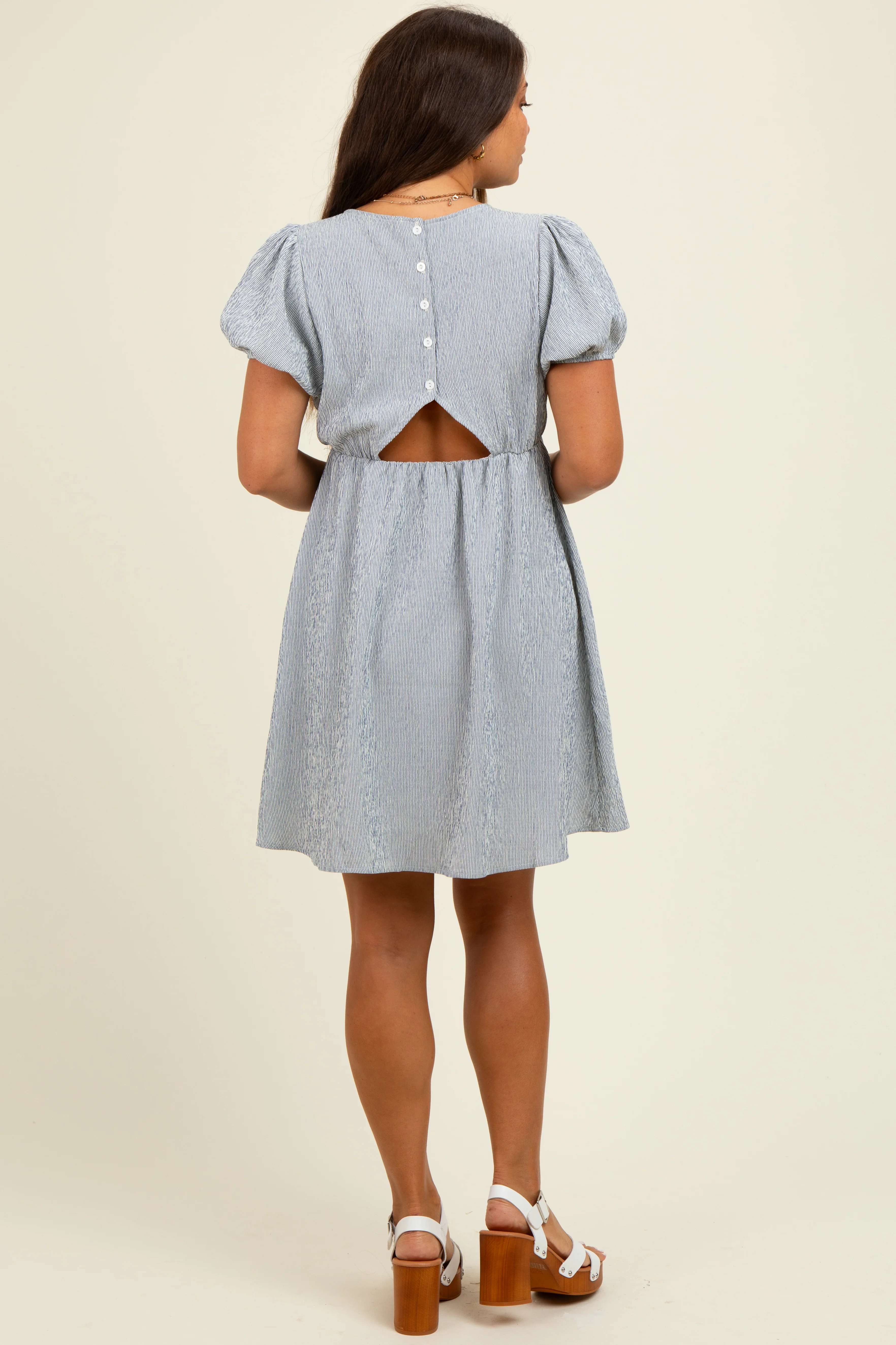 Navy Stripe Back Button Up Cutout Maternity Mini Dress - Image 4