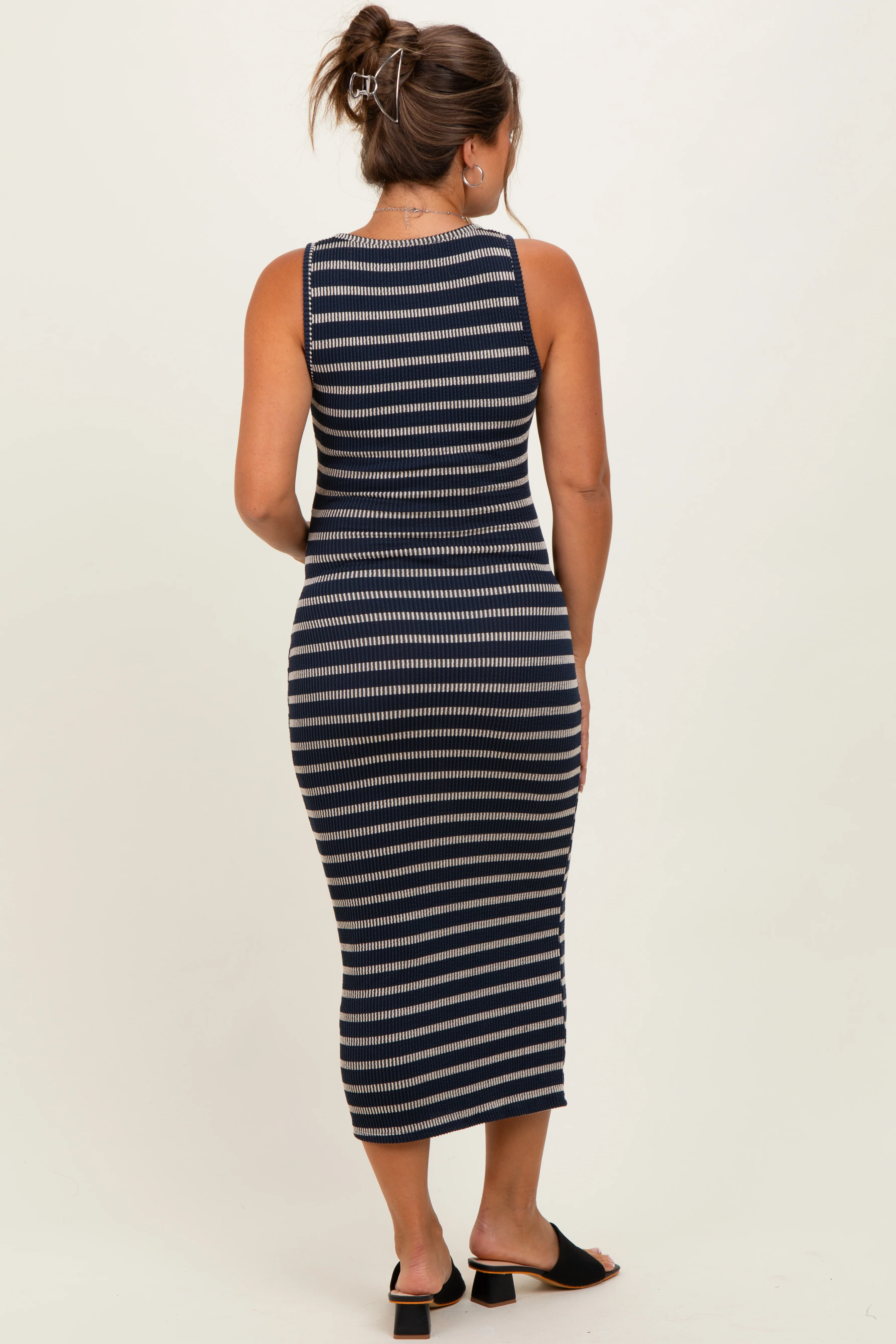 Navy Stripe Ribbed Sleeveless V Neck Maternity Maxi Dress - Image 4