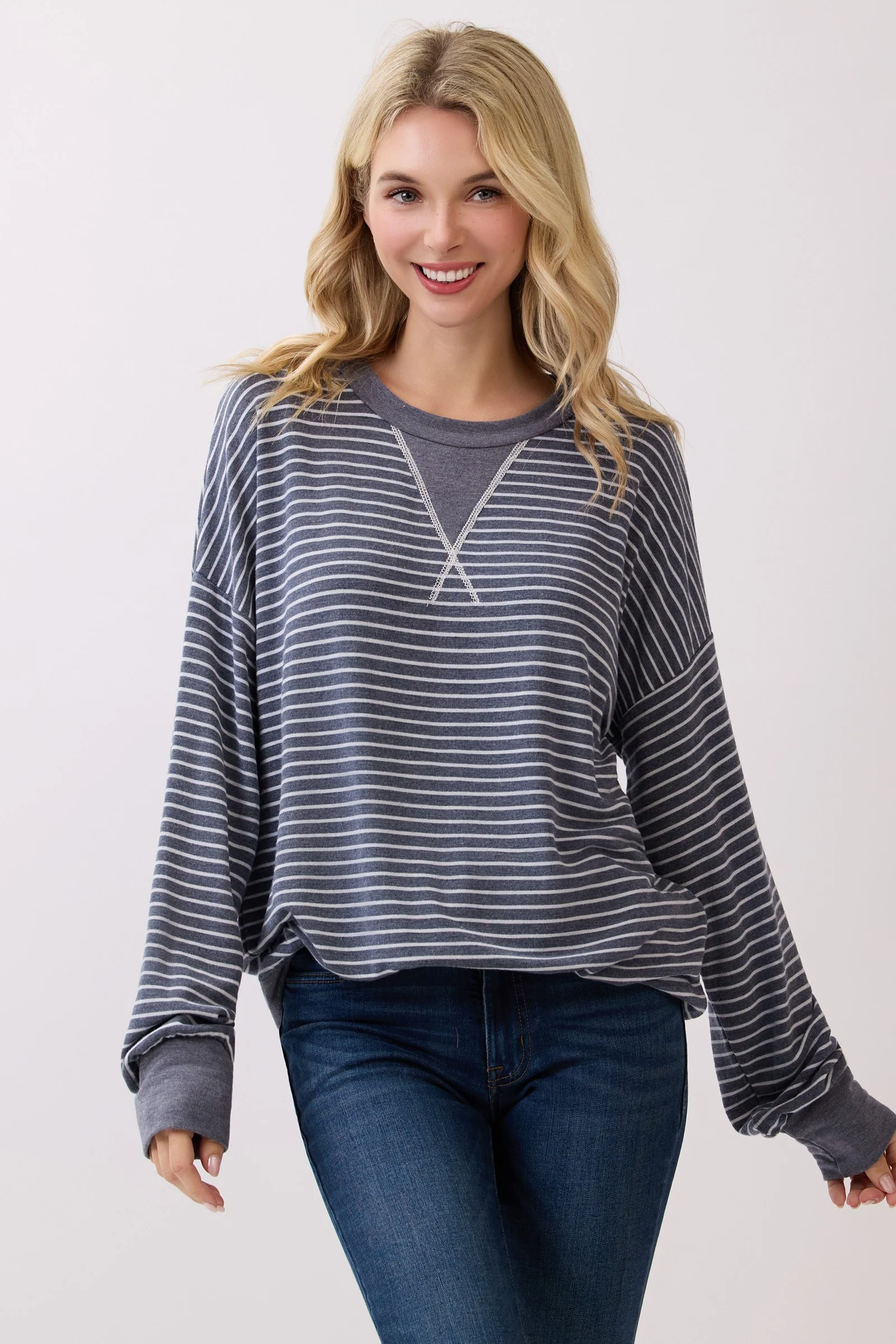 Navy Striped Crew Neck Pullover Maternity Top - Image 5