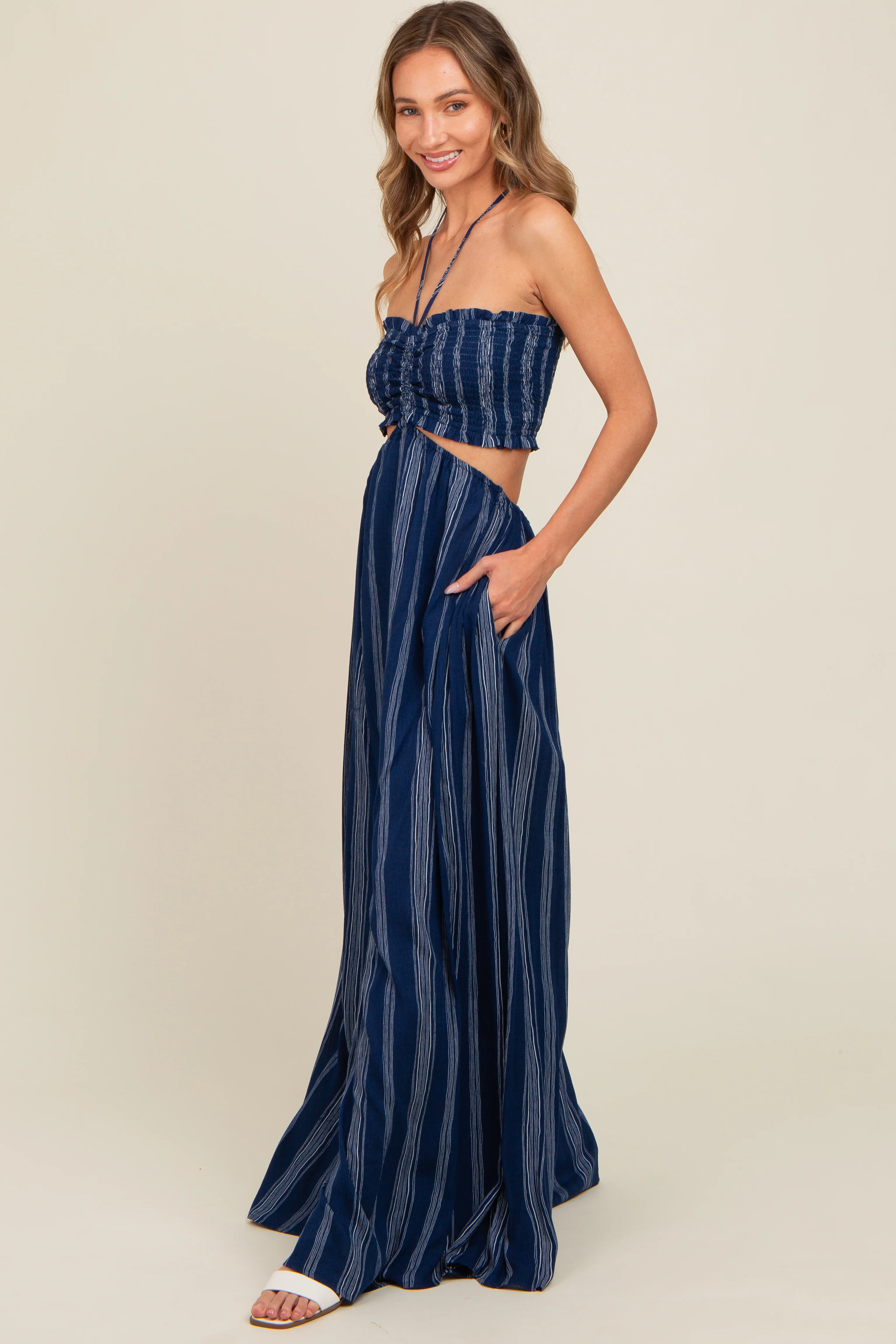 Navy Striped Cutout Halter Wide Leg Jumpsuit - Image 3