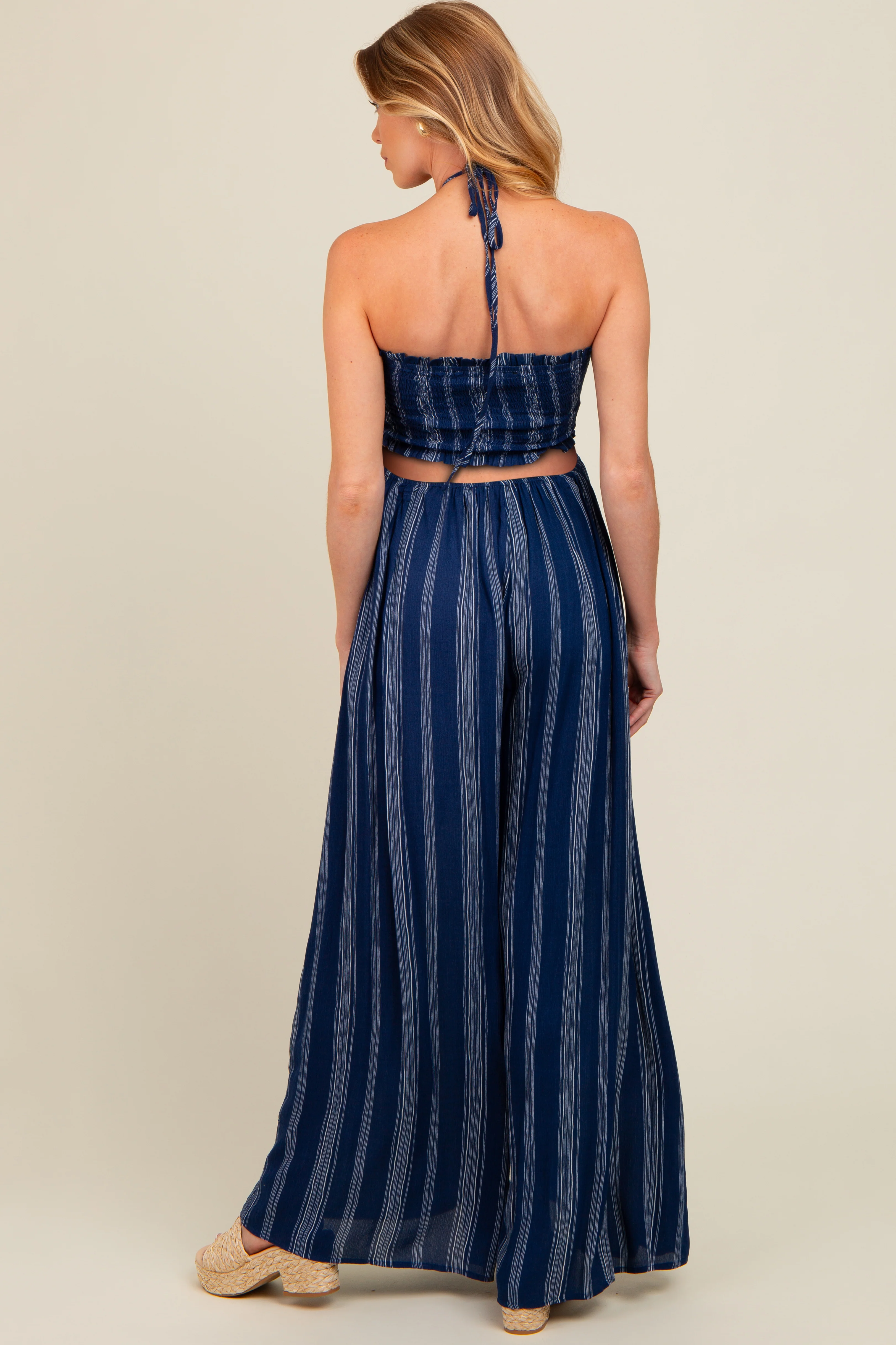 Navy Striped Cutout Halter Wide Leg Maternity Jumpsuit - Image 3