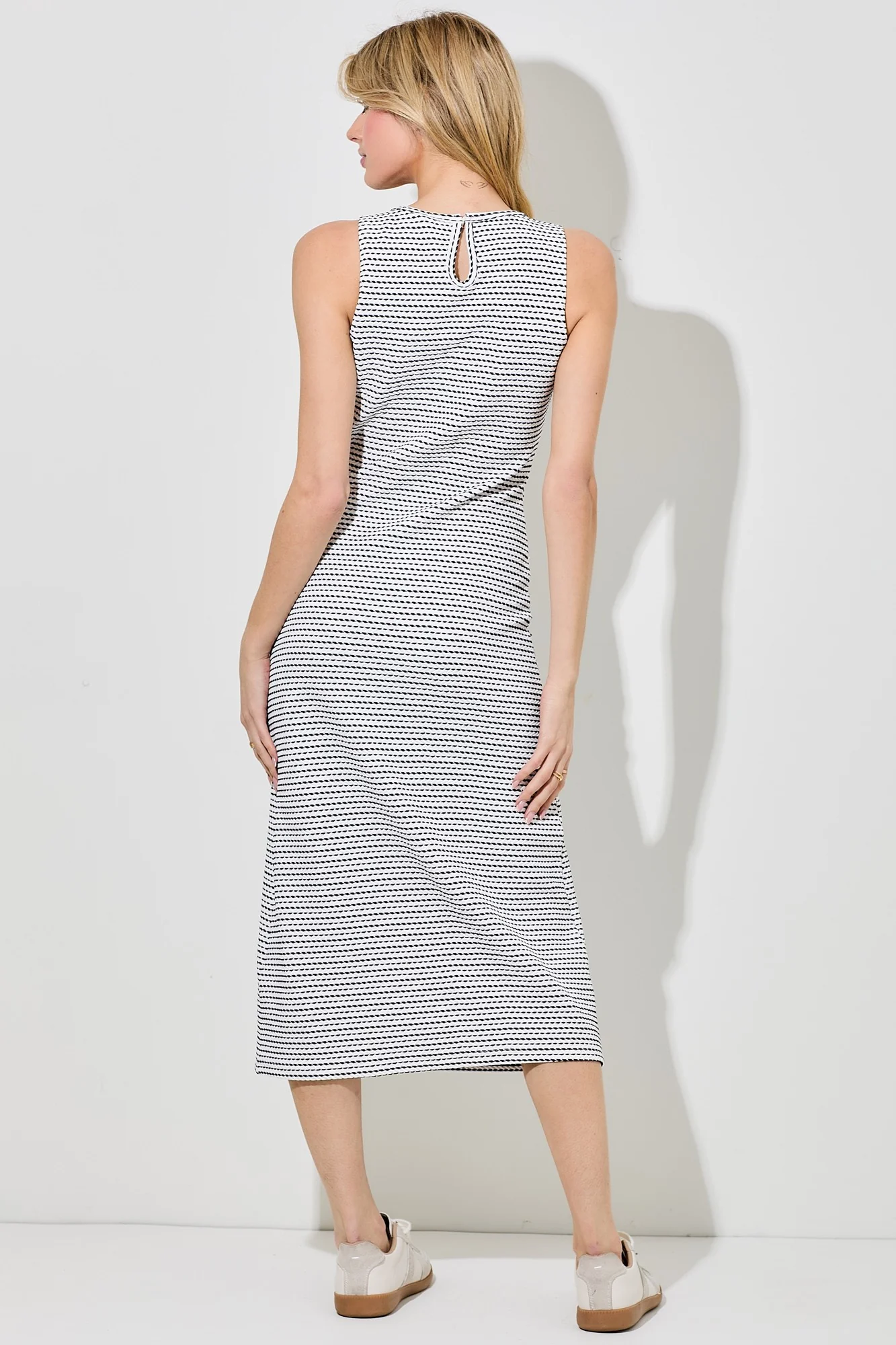 Navy Striped Dot Midi Dress - Image 3
