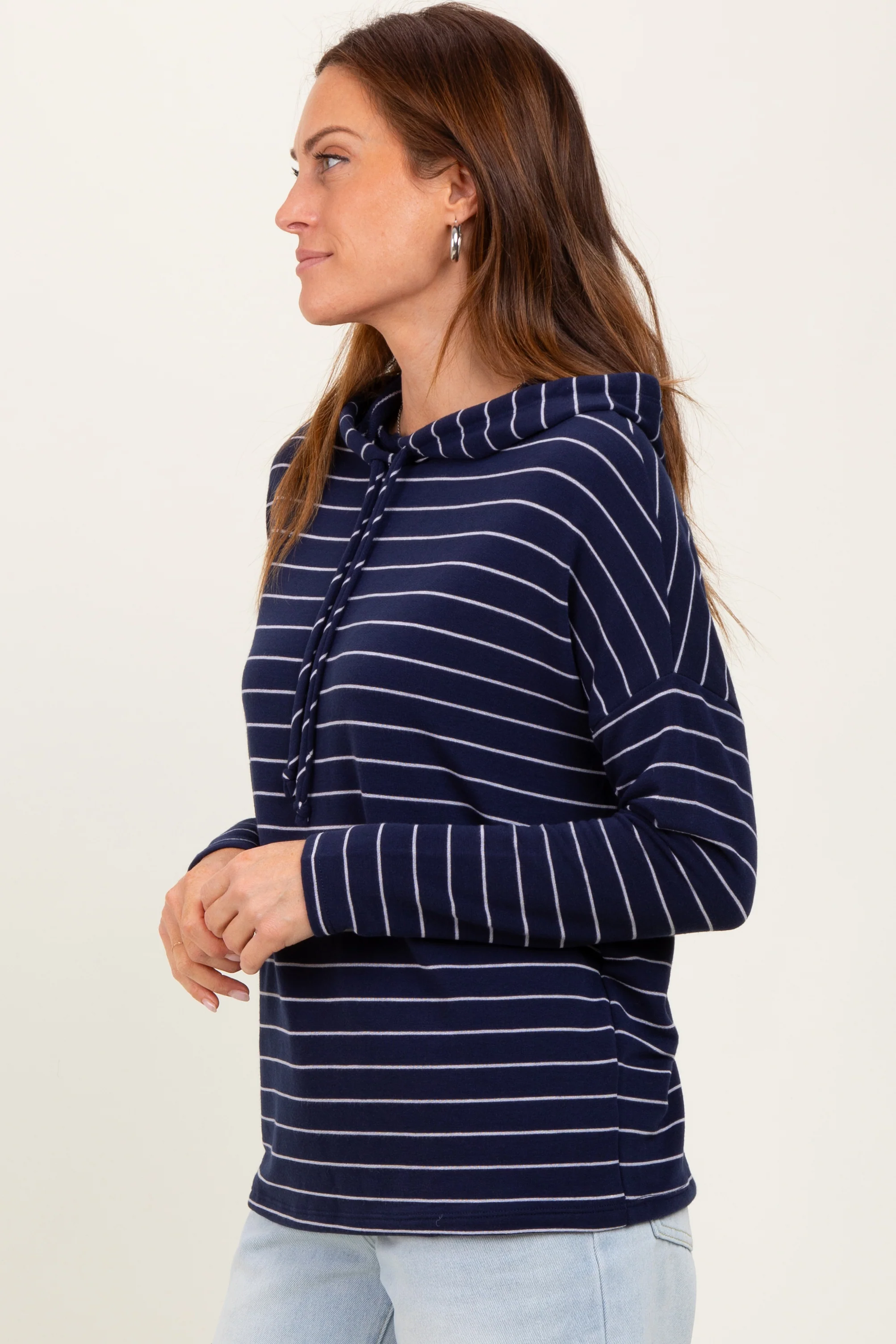 Navy Striped Drawstring Hoodie Top - Image 3
