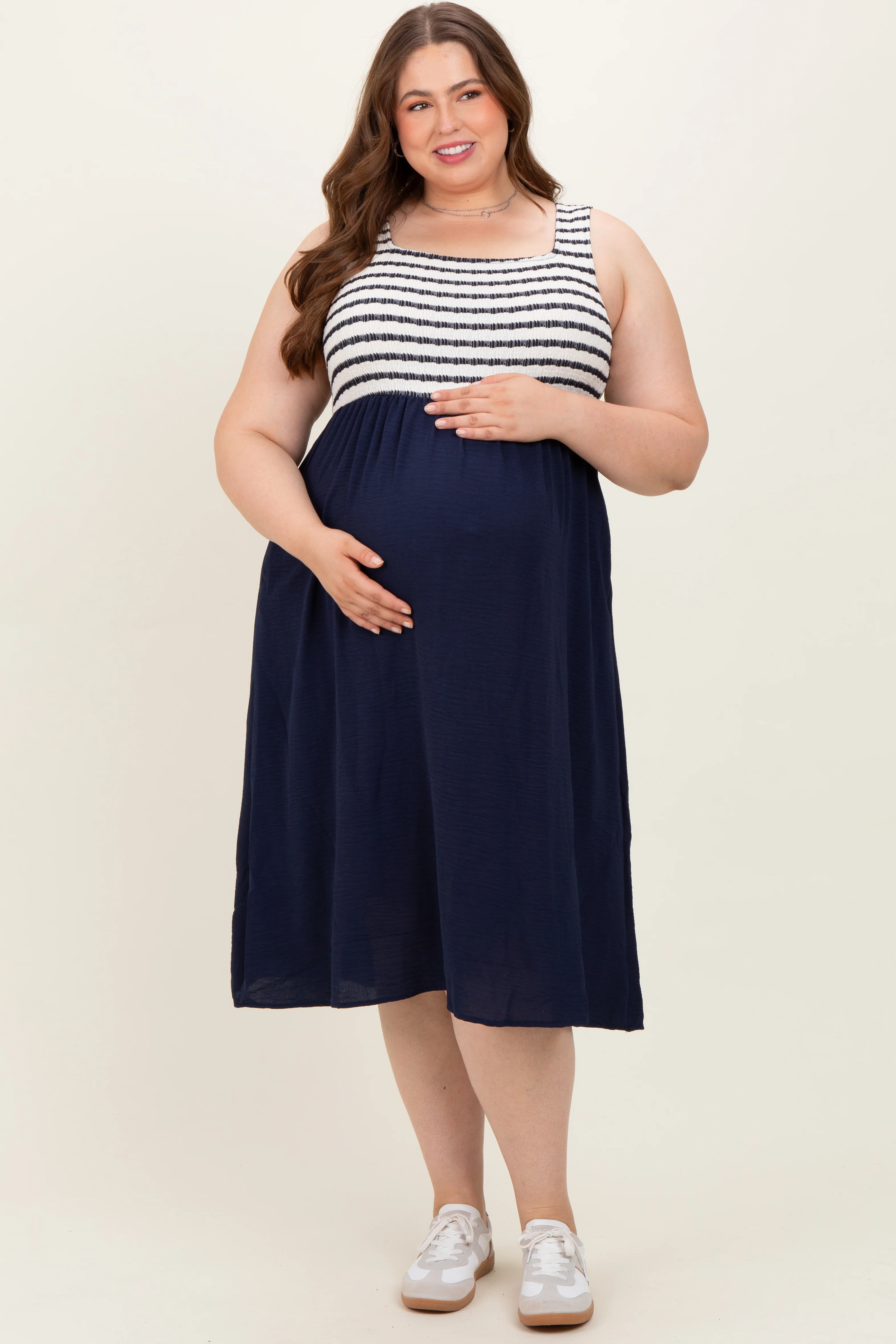 Navy Striped Fit And Flare Sleeveless Plus Maternity Midi Dress - Image 2