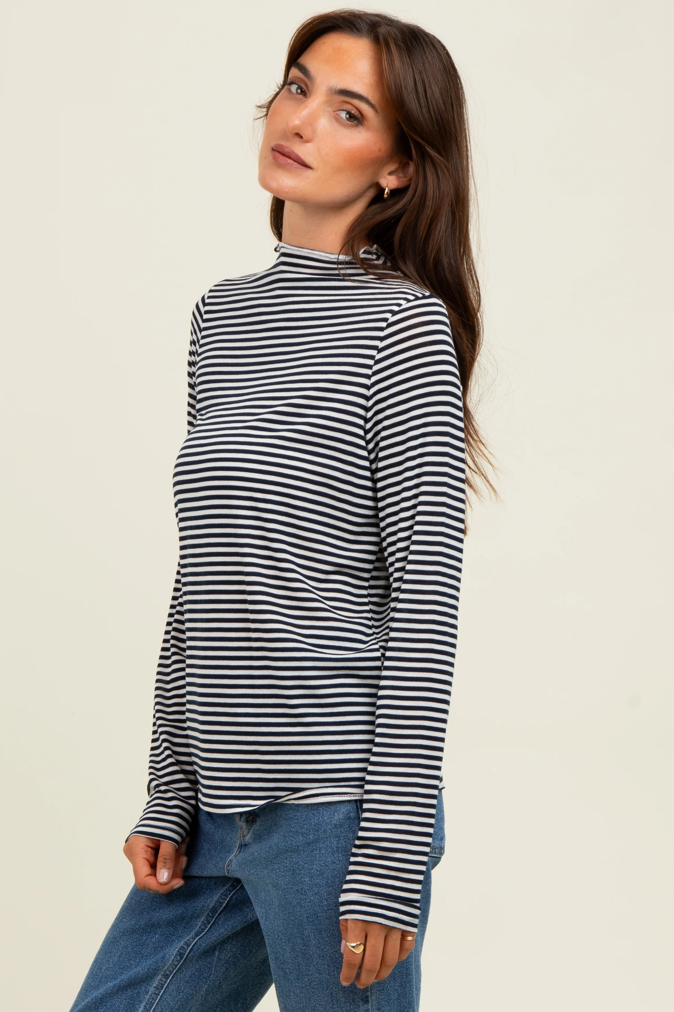 Navy Striped High Neck Long Sleeve Top - Image 3