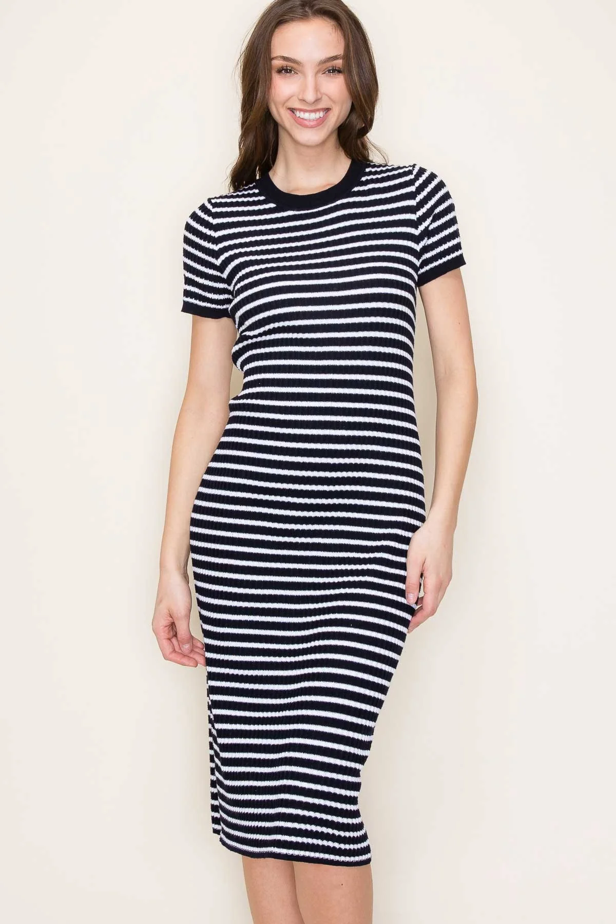 Navy Striped Knit Midi Dress - Image 2
