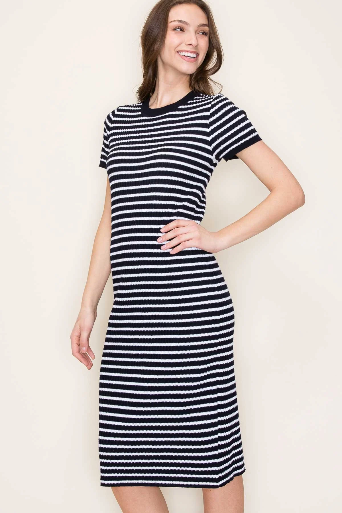 Navy Striped Knit Midi Dress - Image 3