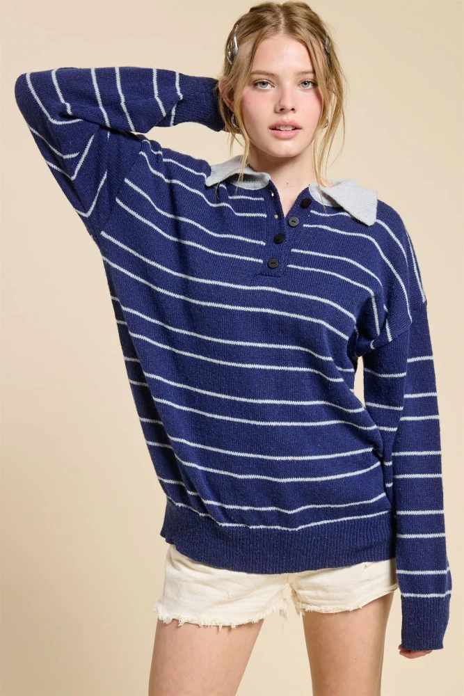 Navy Striped Knit Relaxed Fit Polo Maternity Sweater - Image 5