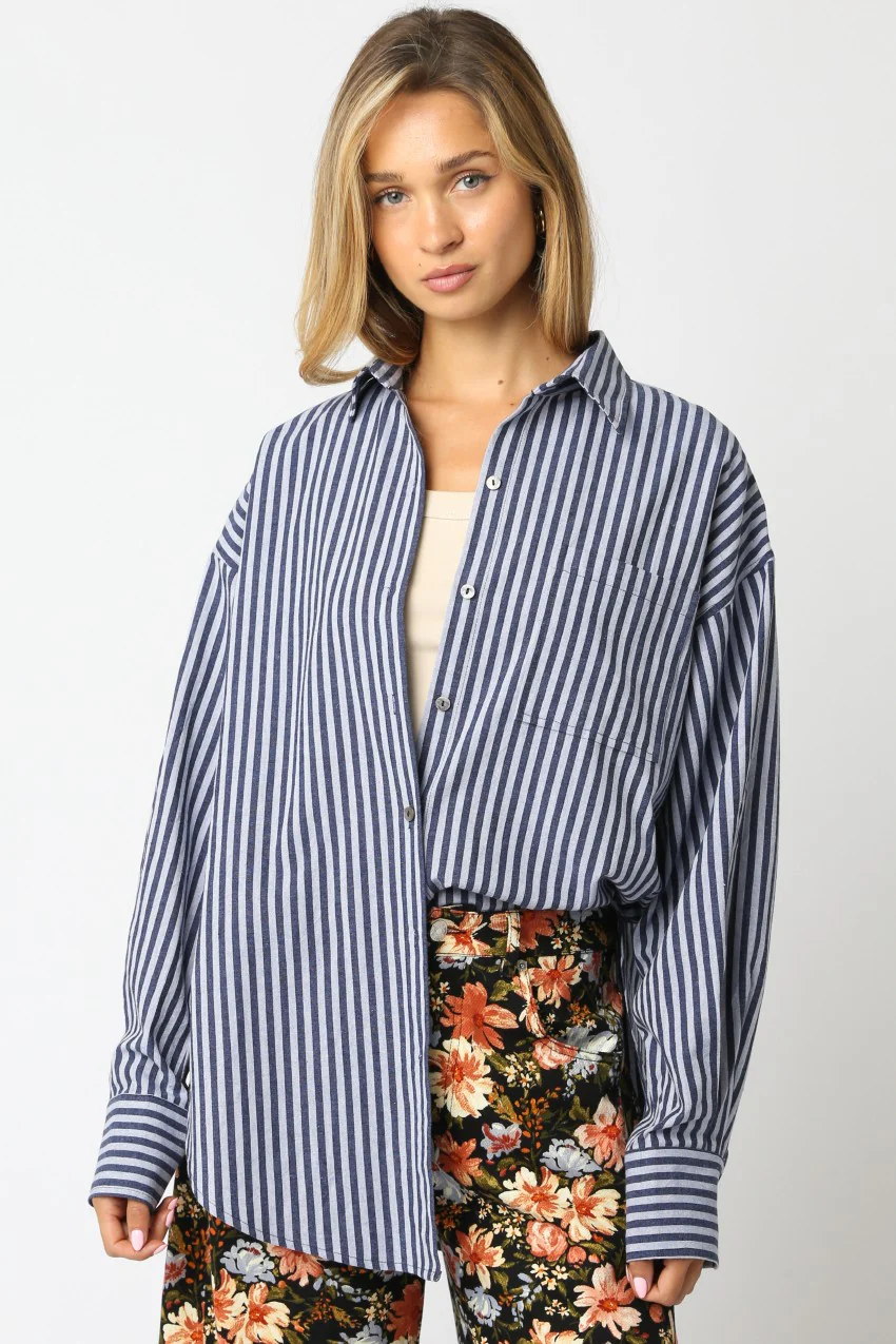 Navy Striped Linen Blend Maternity Button Down Shirt - Image 4
