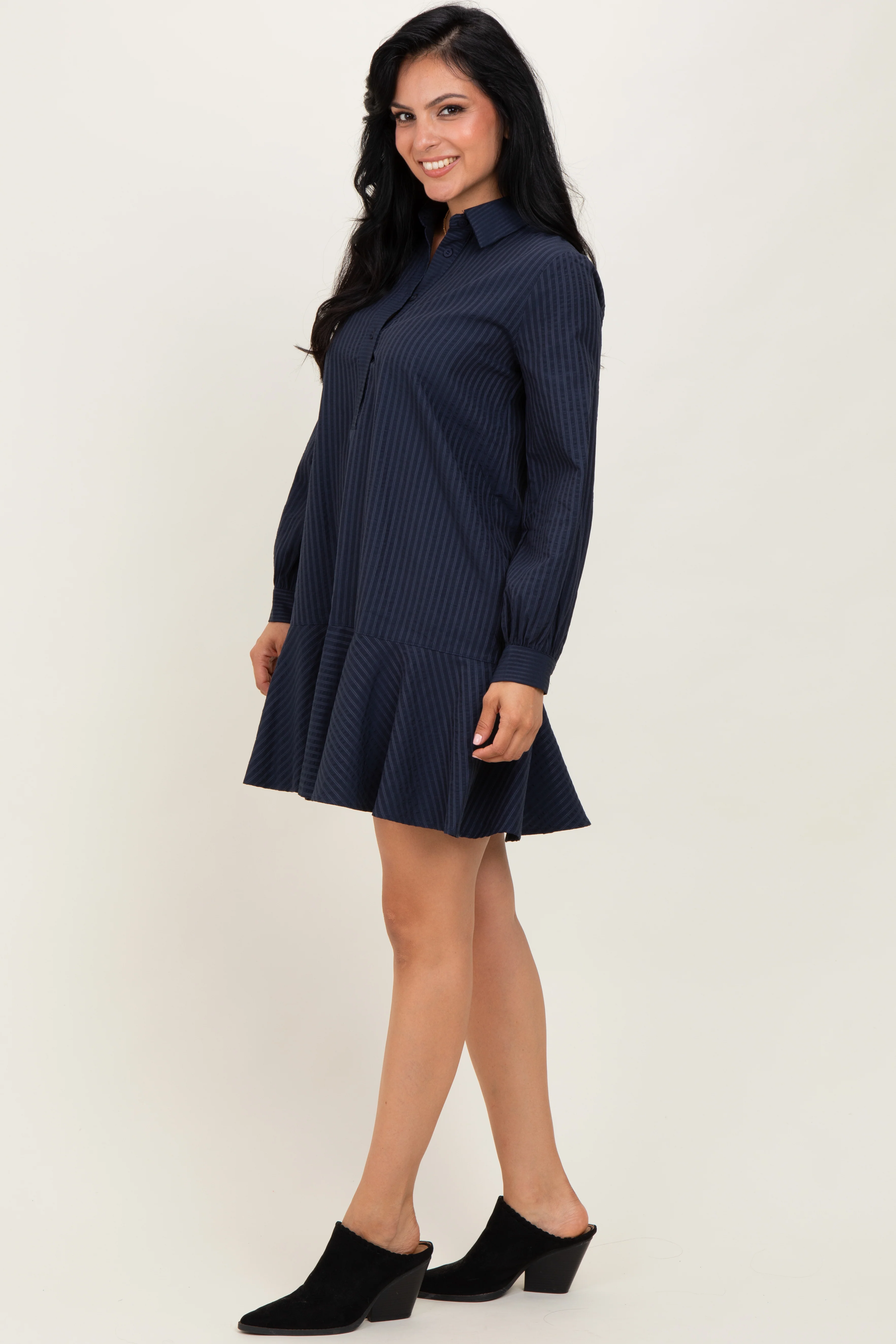 Navy Striped Long Sleeve Drop Waist Polo Dress - Image 3