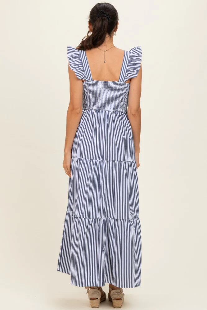 Navy Striped Ruffle Strap Smocked Maxi Dress - Image 3