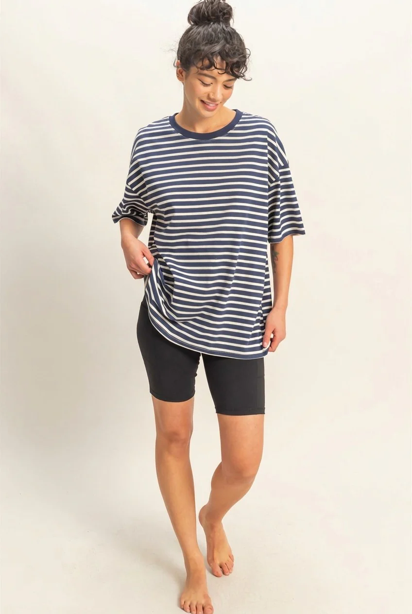 Navy Striped Short Sleeve Crew Neck Oversized Cotton Top - Image 4