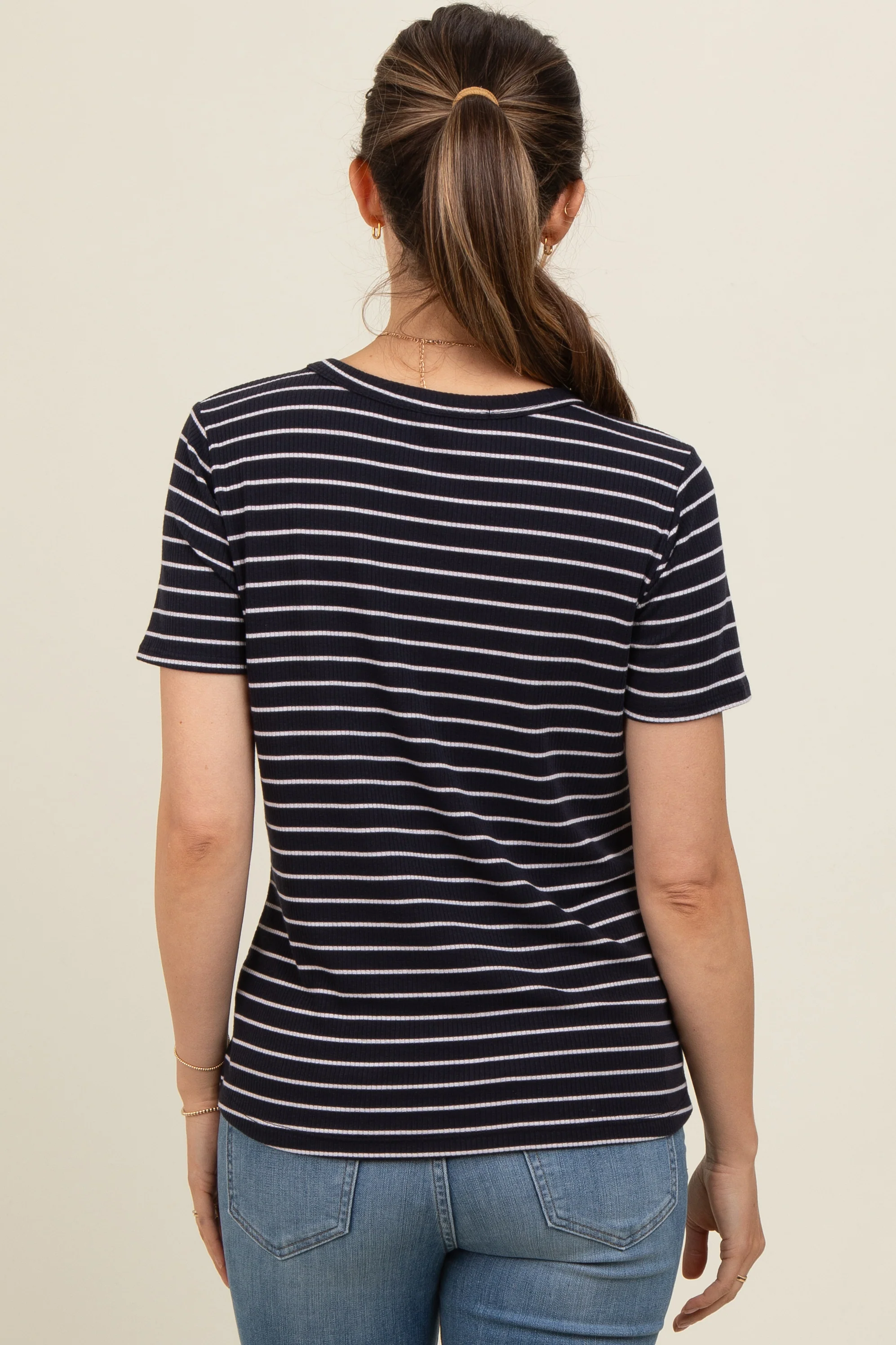 Navy Striped Short Sleeve Maternity Top - Image 4