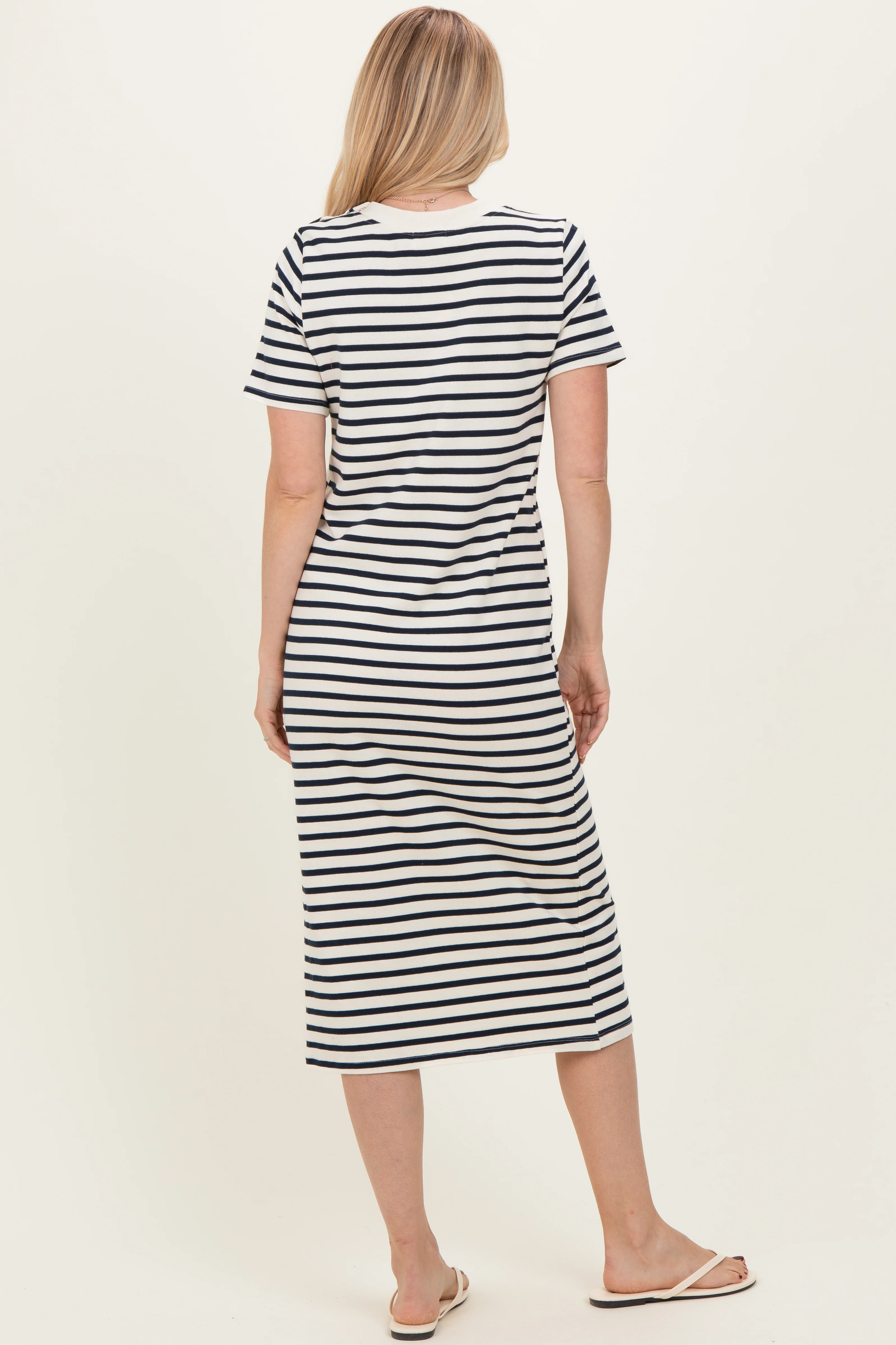 Navy Striped Short Sleeve Midi Dress - Image 3