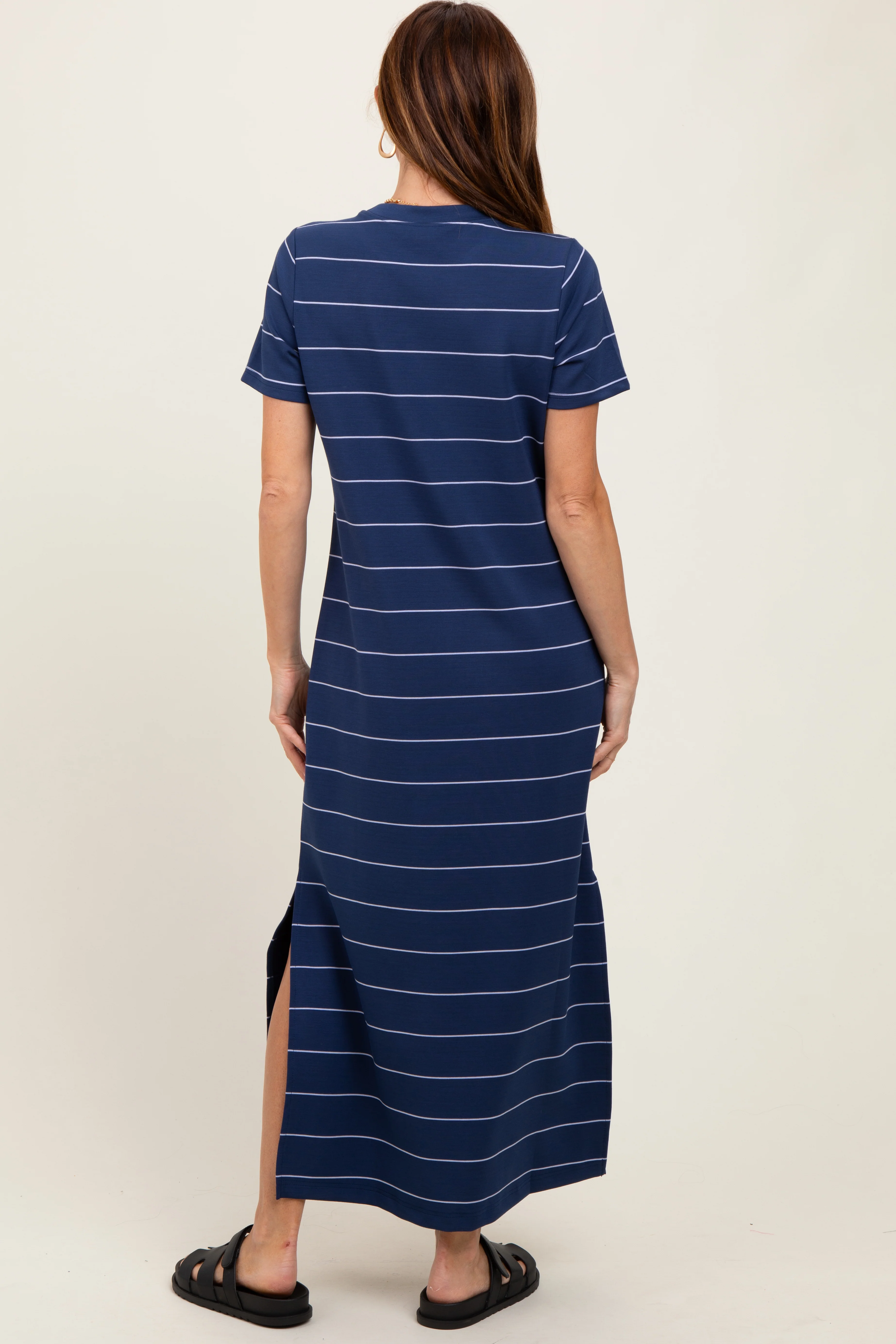 Navy Striped Short Sleeve Side Slit Midi Dress - Image 4