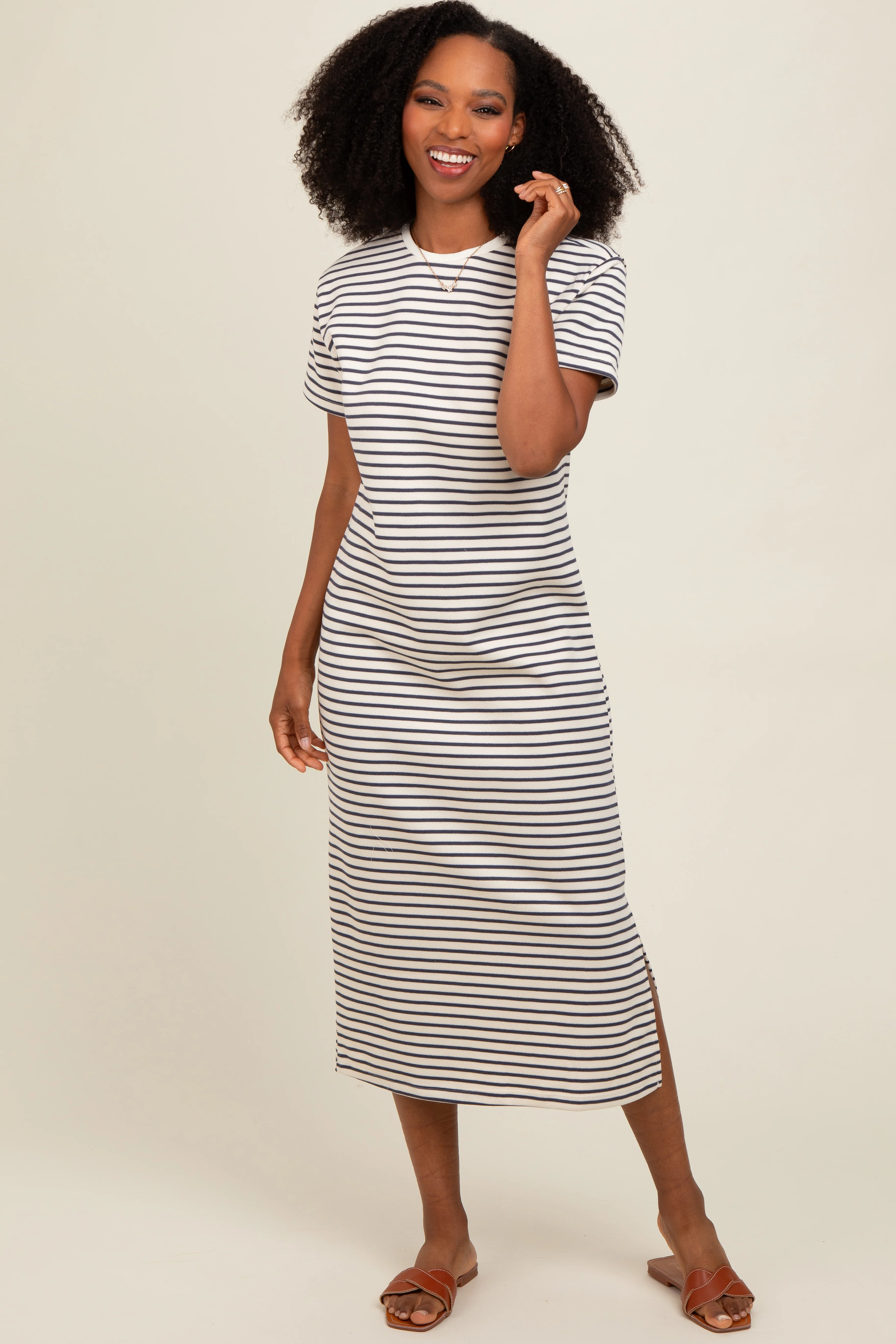 Navy Striped Short Sleeve T-Shirt Midi Dress - Image 2
