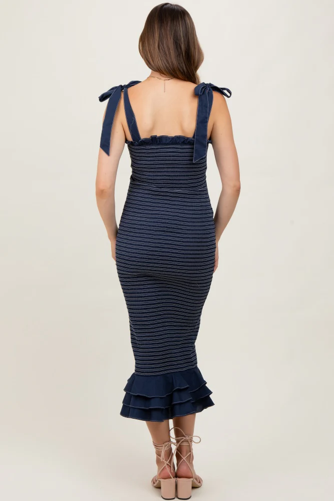 Navy Striped Smocked Shoulder Tie Maternity Mid Dress - Image 4