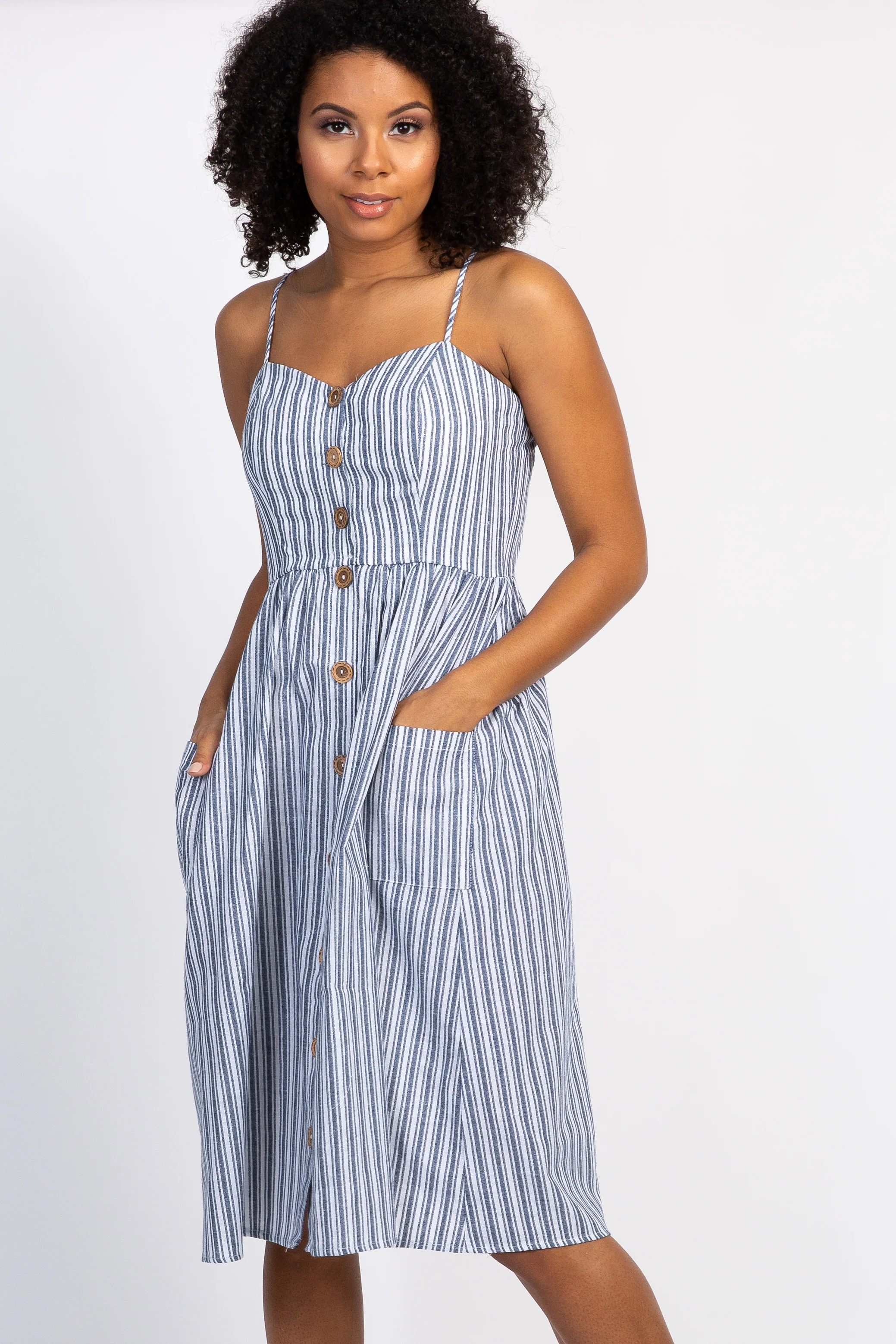Navy Striped Sweetheart Button Front Dress - Image 2