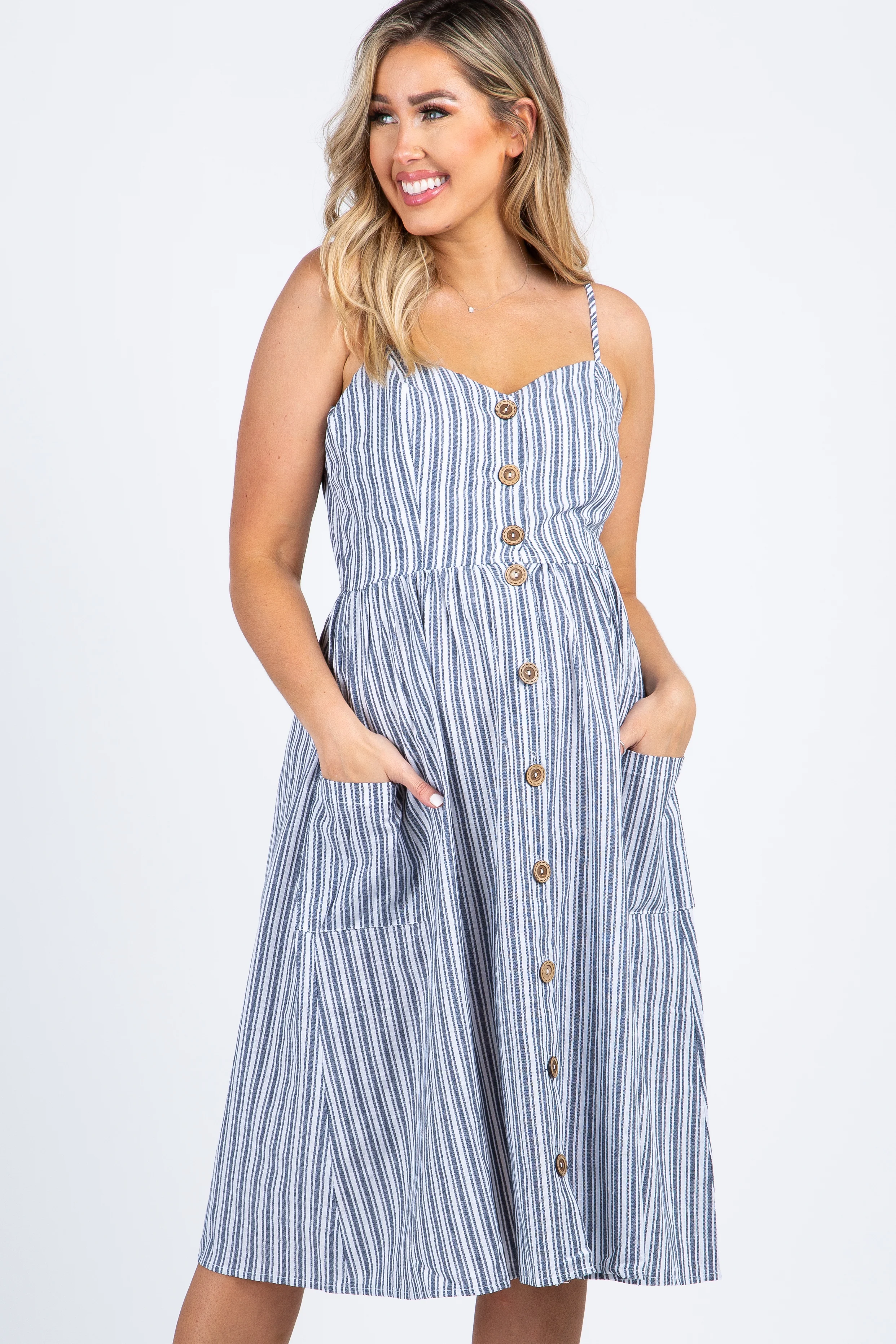 Navy Striped Sweetheart Button Front Maternity Dress - Image 4