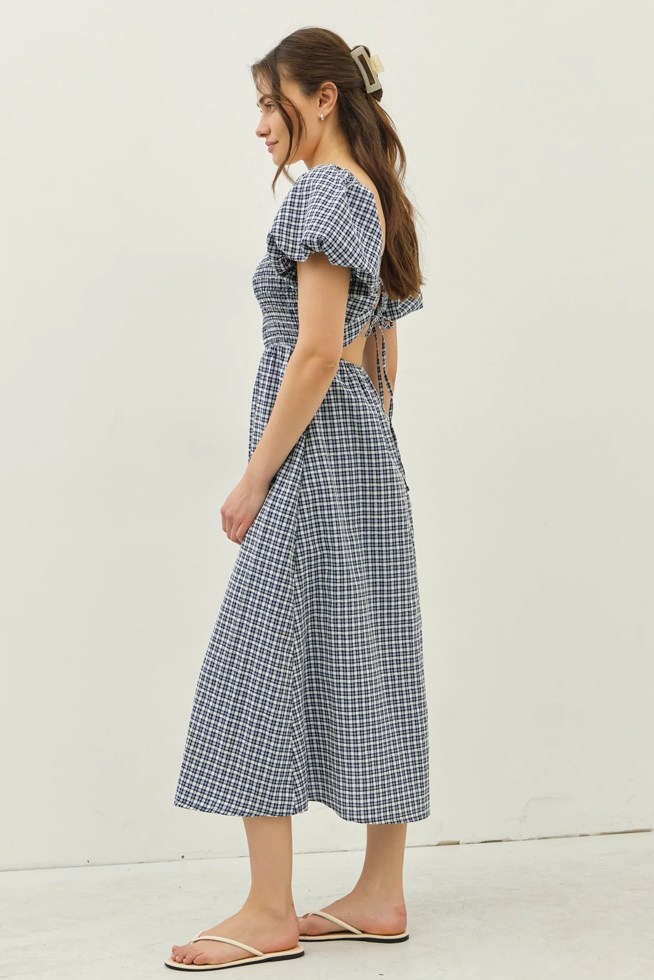 Navy Textured Plaid Pen Back Midi Dress - Image 3