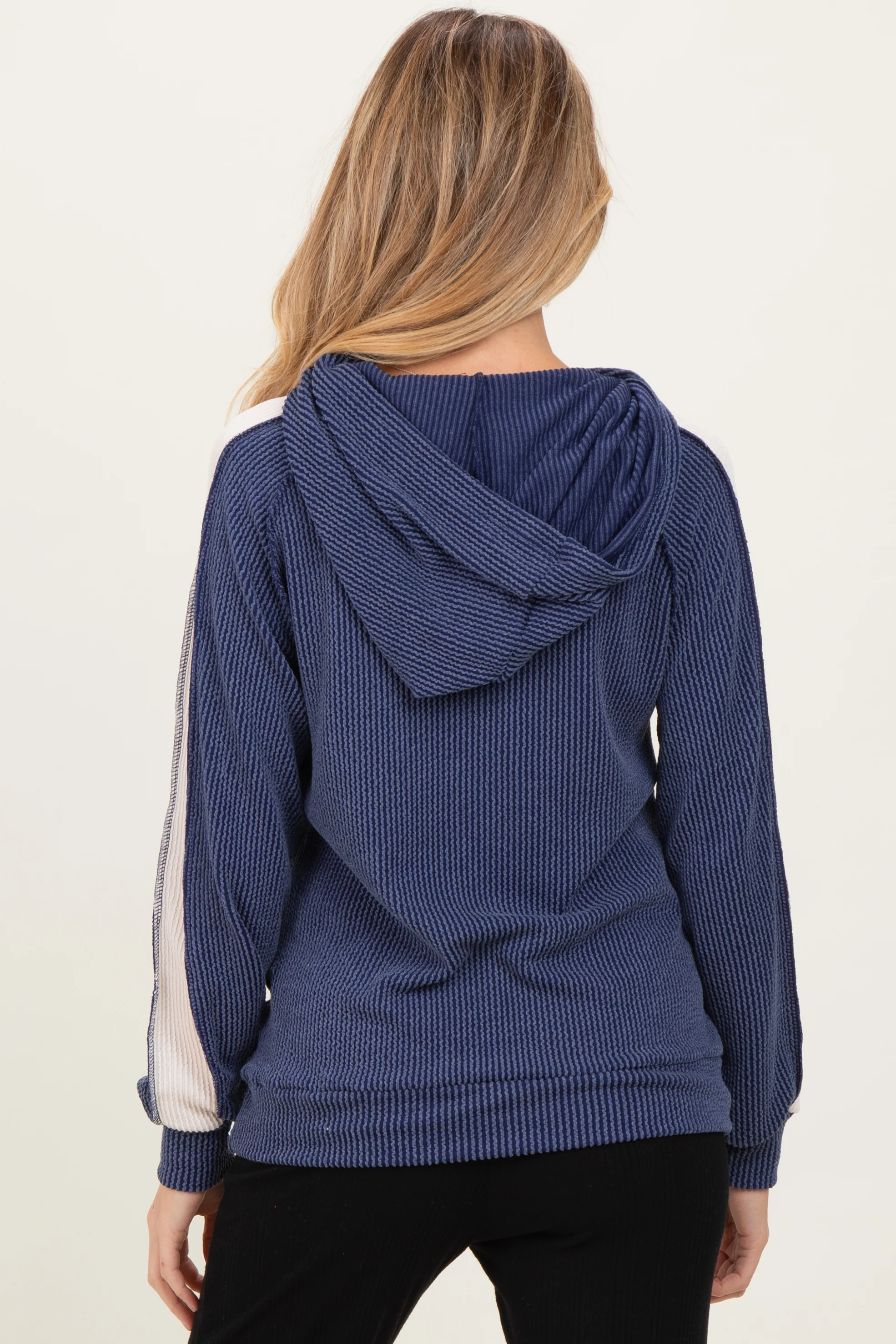 Navy Textured Rib Colorblock Maternity Hoodie - Image 4