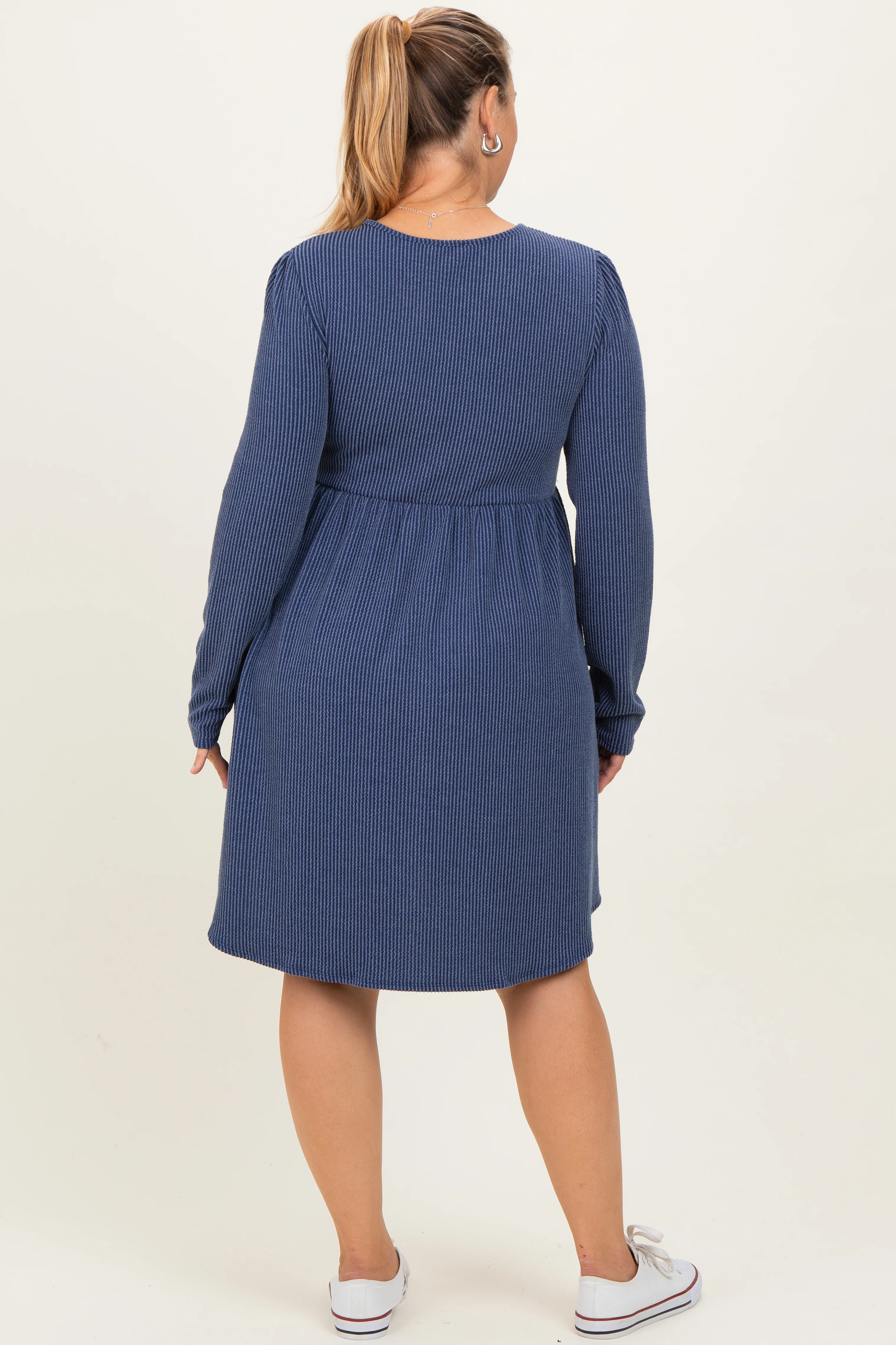 Navy Textured Rib Long Sleeve Maternity Plus Dress - Image 3