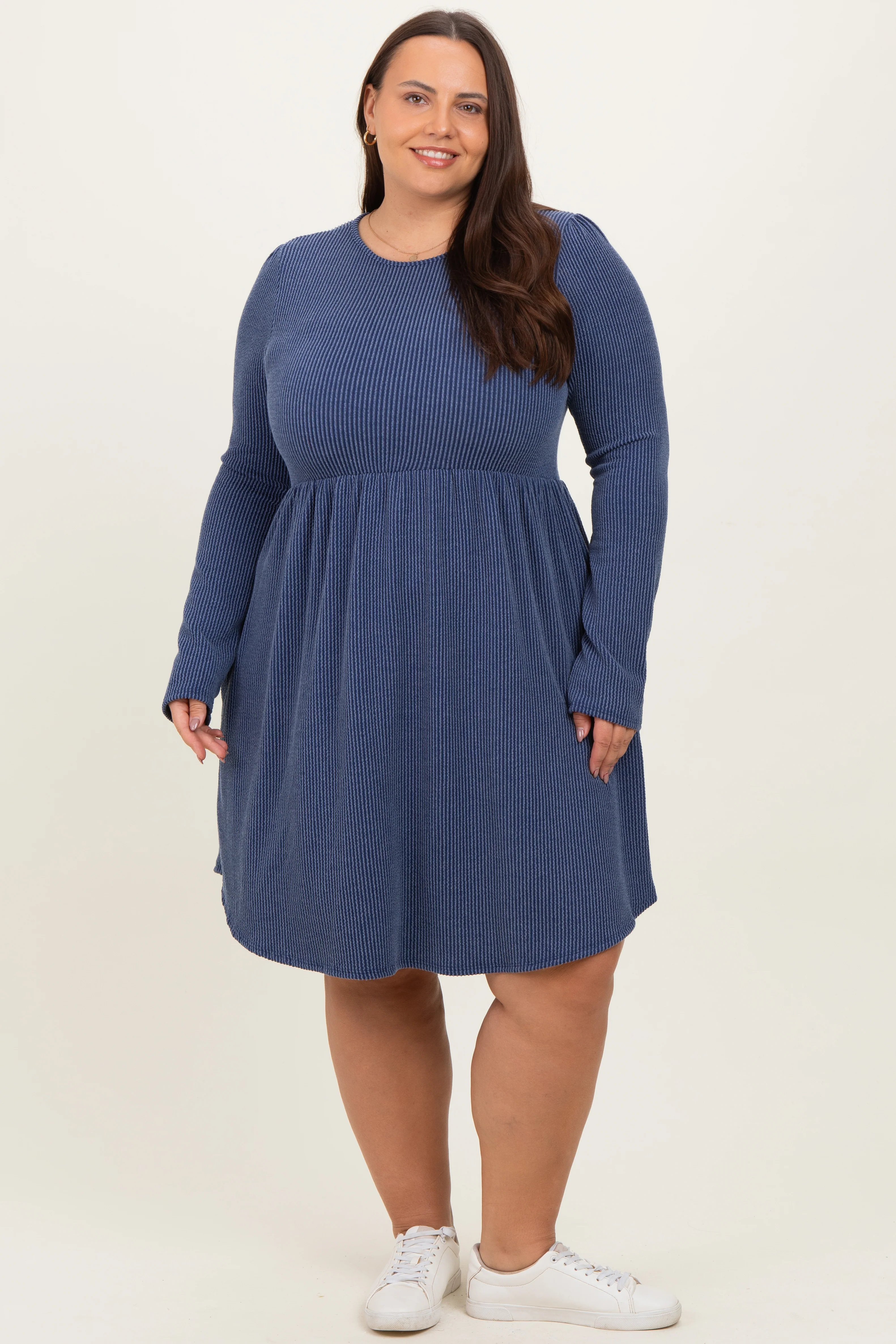 Navy Textured Rib Long Sleeve Maternity Plus Dress - Image 4