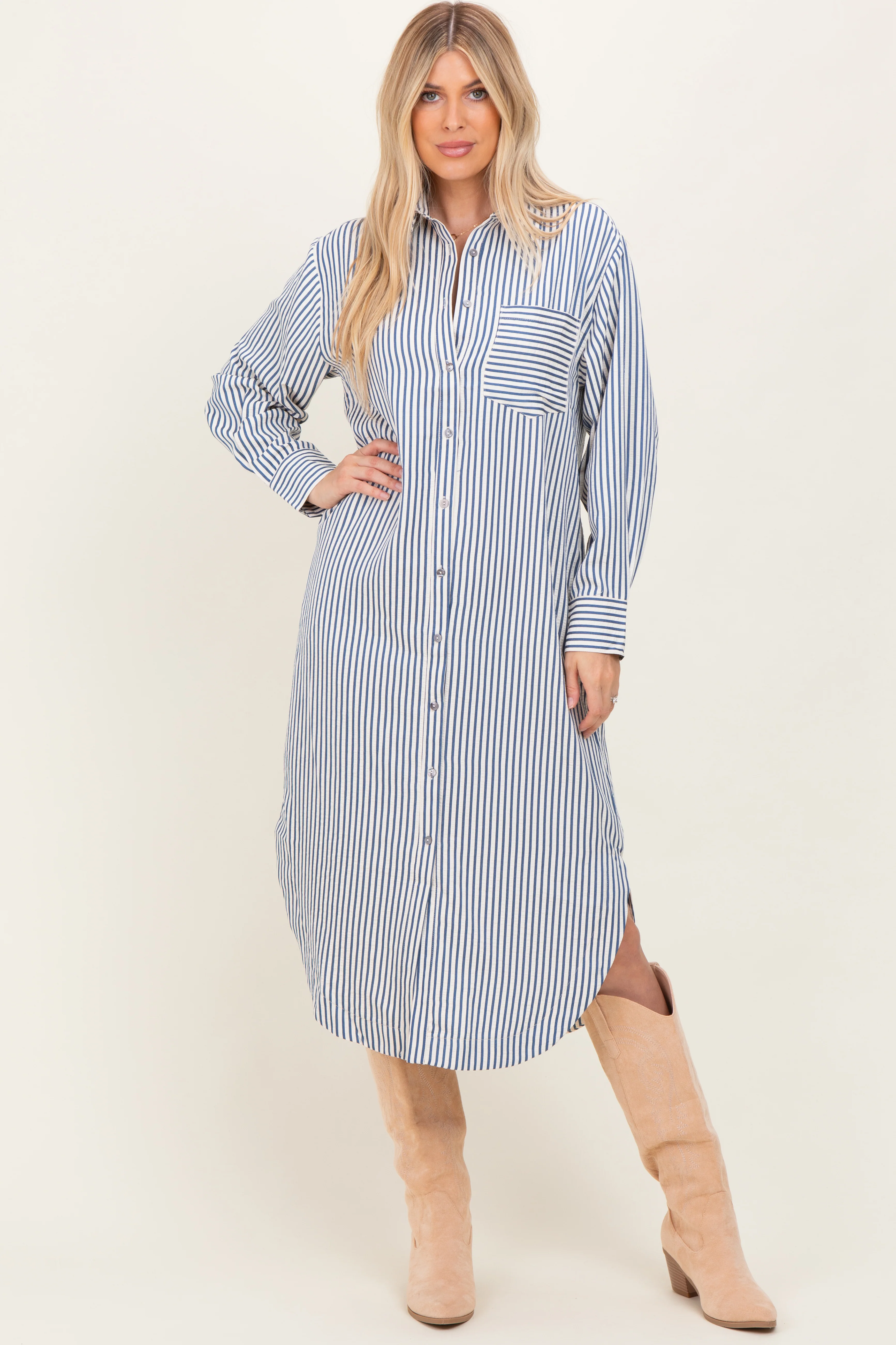 Navy Textured Stripe Button Down Maternity Shirt Dress - Image 4