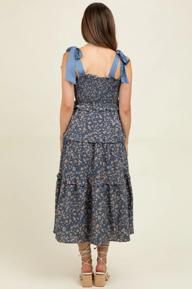 Navy Tie Shoulder Detail Floral Maternity Midi Dress - Image 4