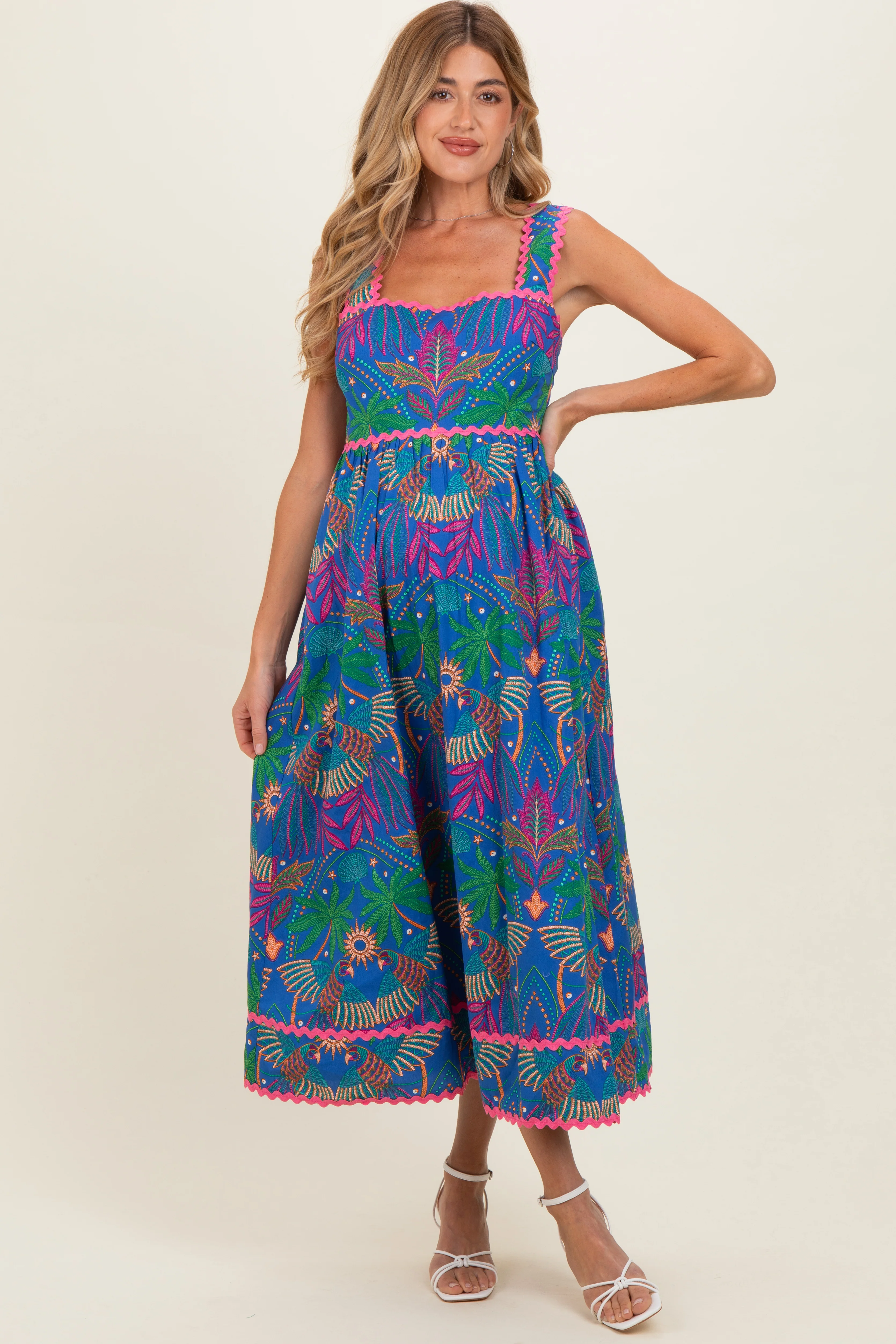 Navy Tropical Embroidery Maternity Midi Dress