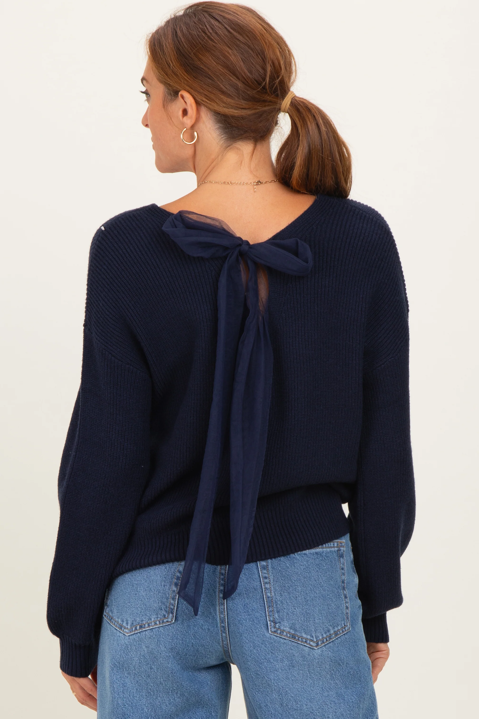 Navy V-Neck Drop Shoulder Back Bow Tie Detail Sweater - Image 4