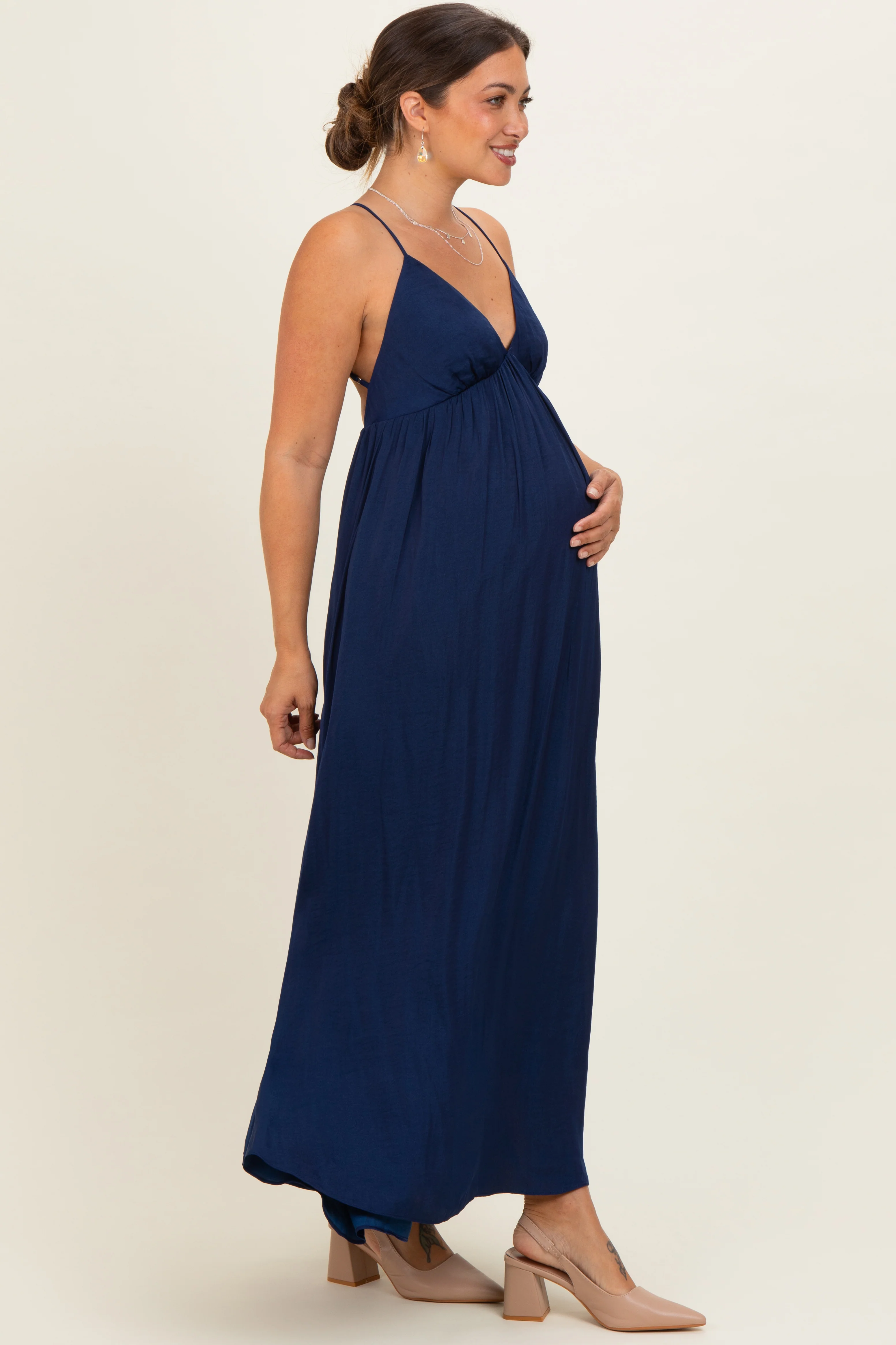 Navy V-Neck Open Back Maternity Maxi Dress - Image 2