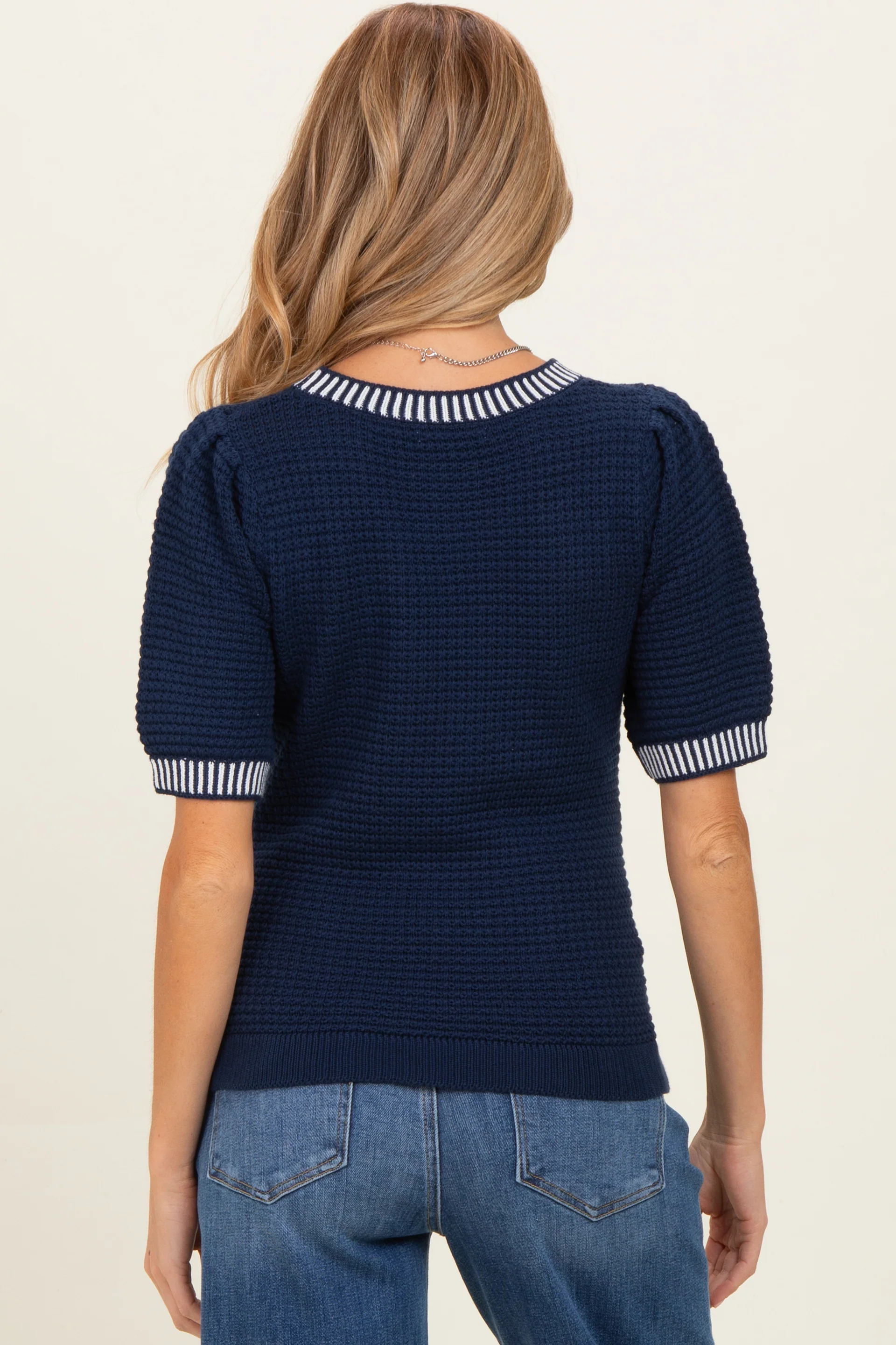 Navy Waffle Knit Maternity Sweater Top - Image 3