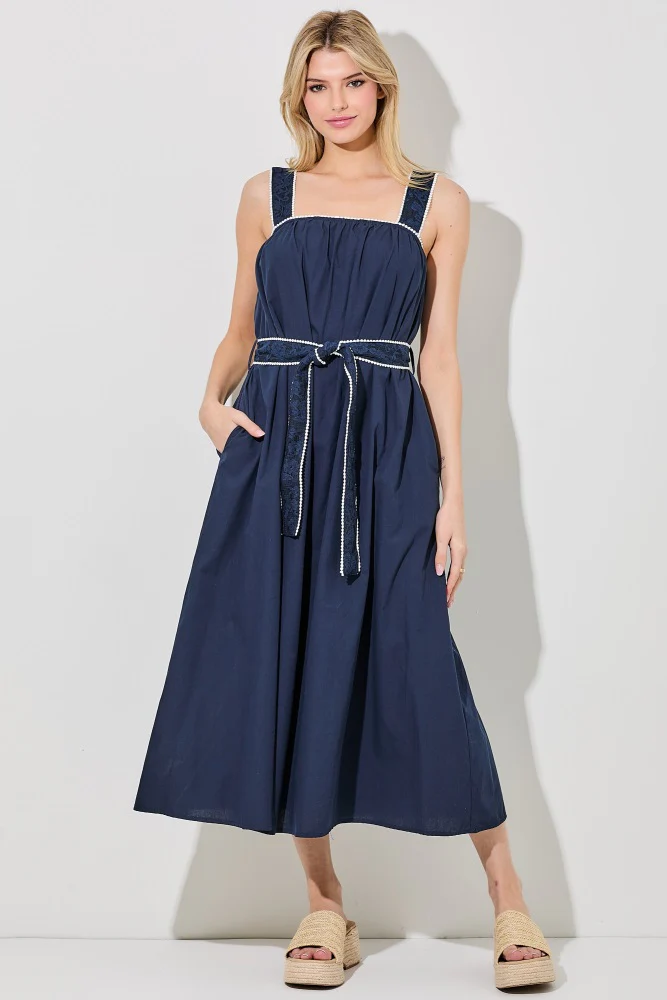Navy Waist Strap Maternity Midi Dress - Image 4