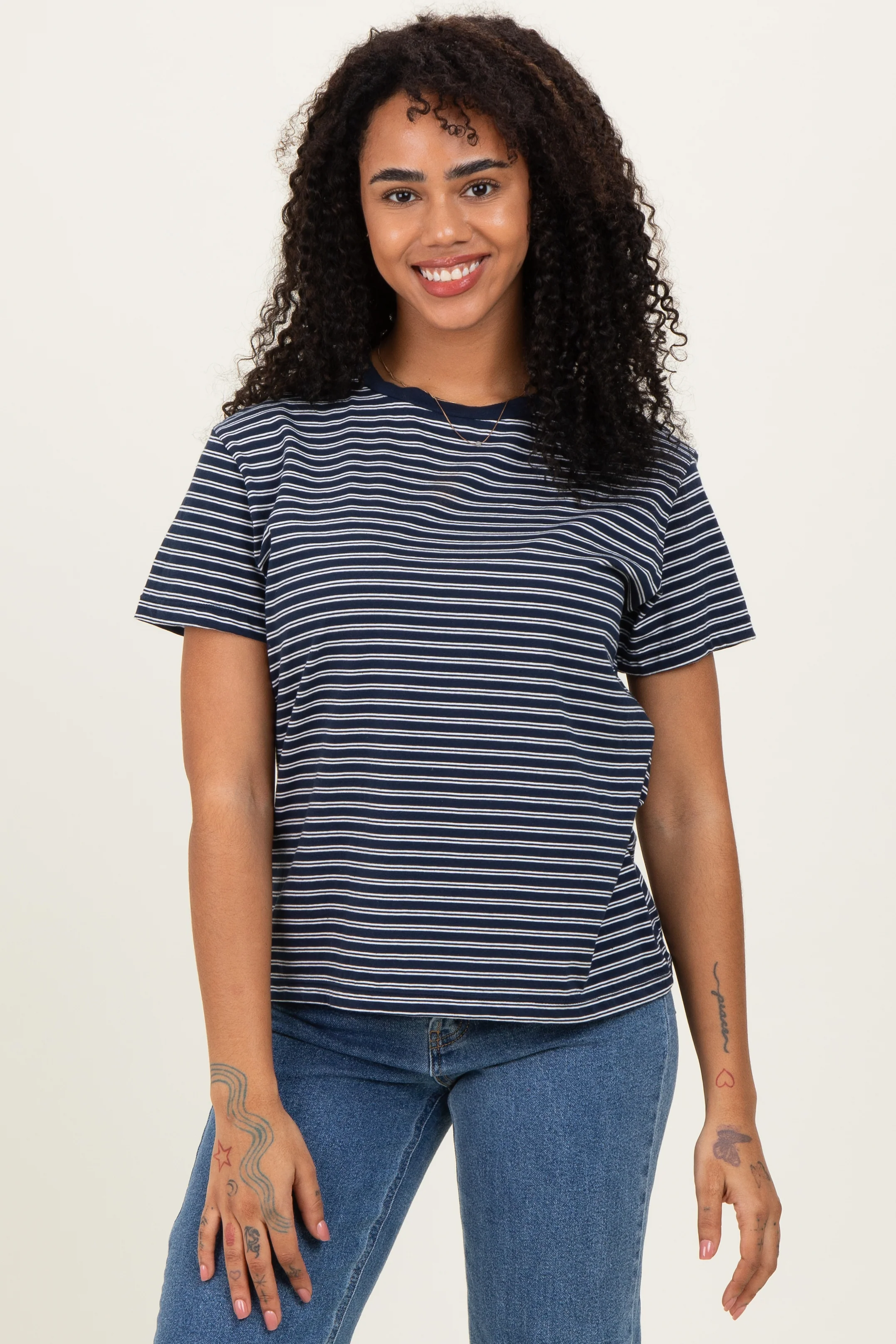 Navy/White Short Sleeve Round Neck Stripe Maternity Tee - Image 5