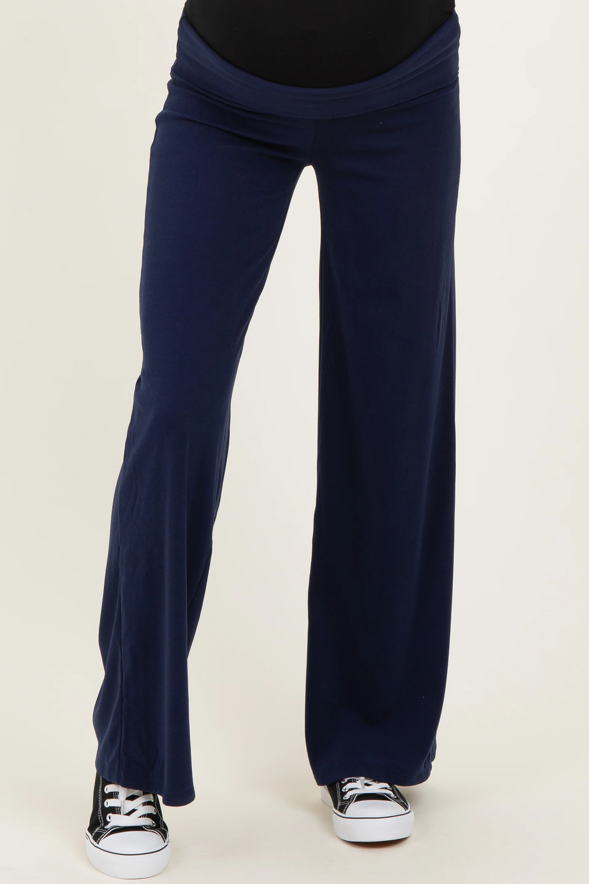 Navy Wide Leg Fold Over Maternity Lounge Pants - Image 3