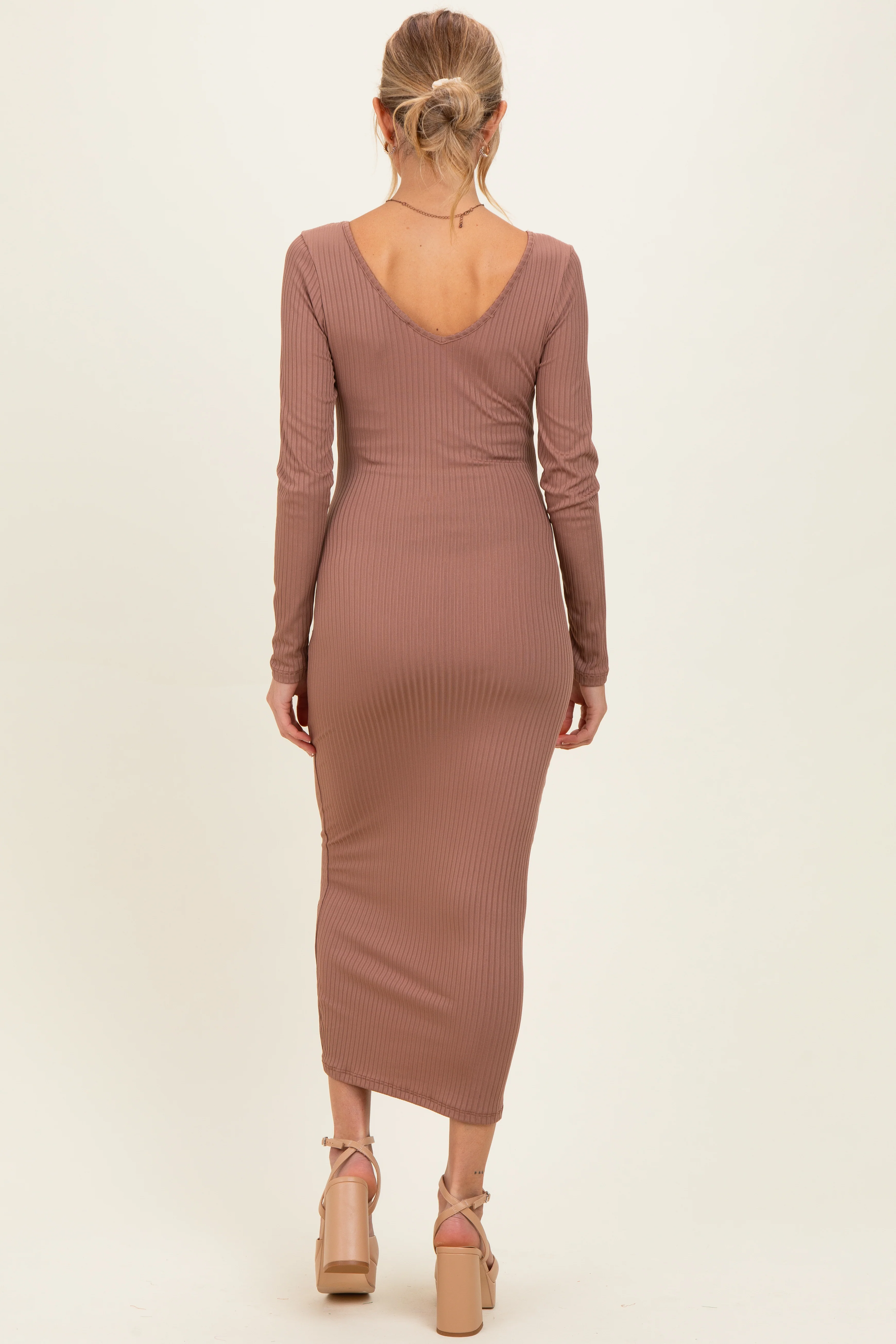 New Mocha V-Neck Long Sleeve Fitted Maternity Maxi Dress - Image 3