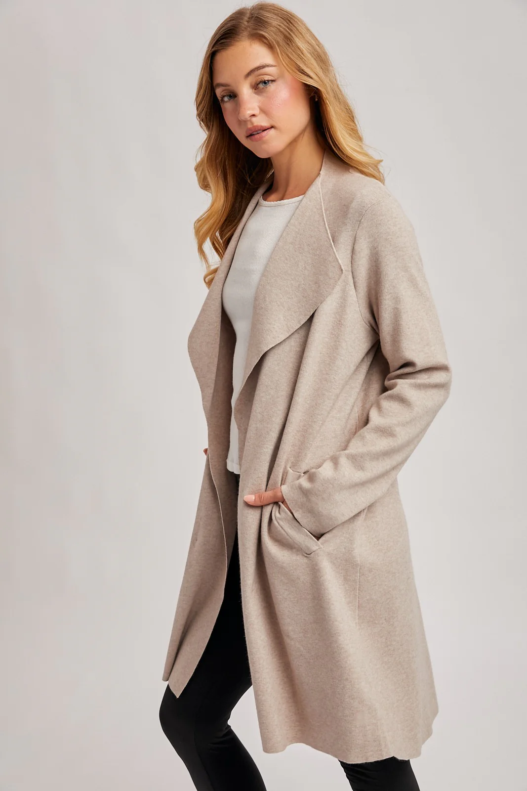 Oatmeal Knit Open Front Long Cardigan - Image 3