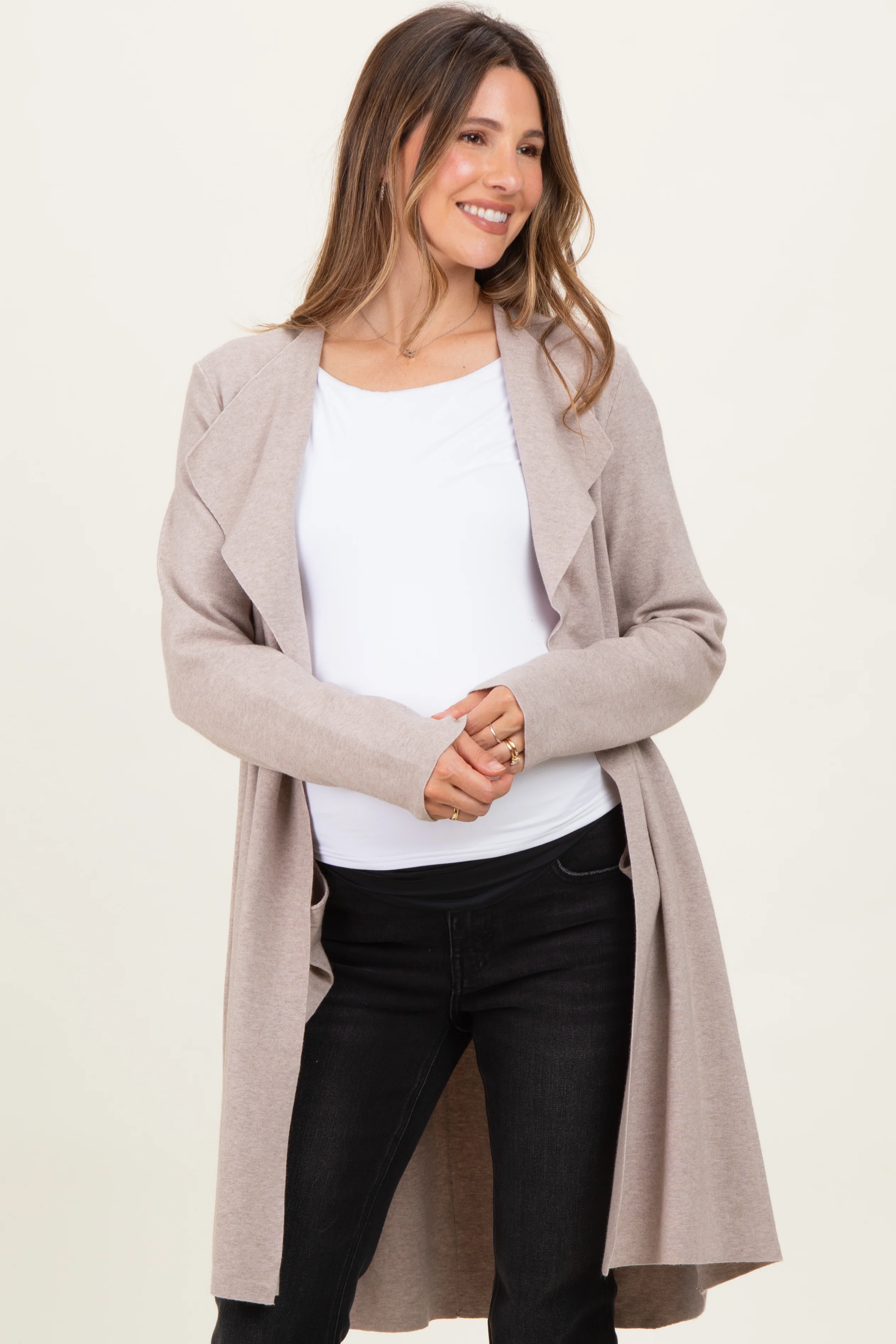 Oatmeal Knit Open Front Long Maternity Cardigan - Image 3